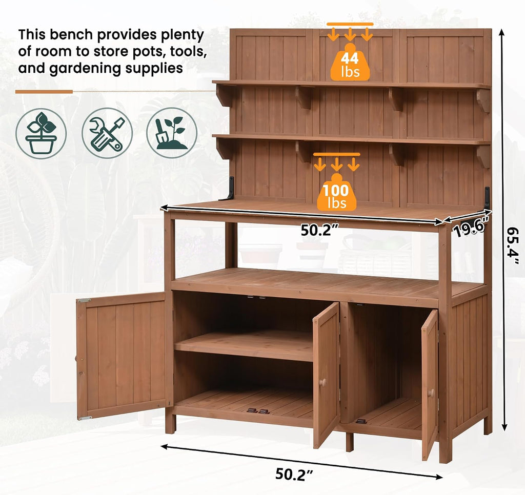JIVOIT Outdoor Garden Potting Bench Table, 50.2' Solid Fir Wood Garden Workstation Work Bench, Outdoor Planting Table with Hutch, Large Countertop, 2 Shelves, 2 Cabinets, 3 Side Hooks
