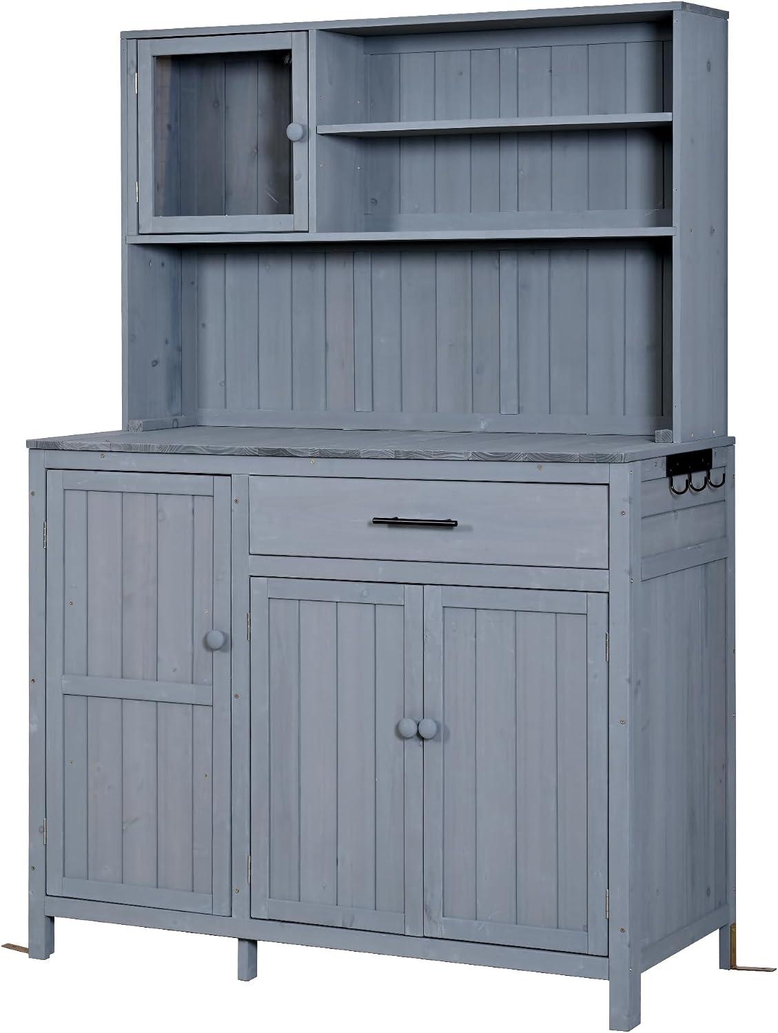 Potting Bench with Hutch, 65' H Solid Fir Wood Garden Workstation, Large Countertop, Patio Kitchen Island with Adjustable Shelves, Spice Rack, Side Hook and Drawer (Gray-P1)