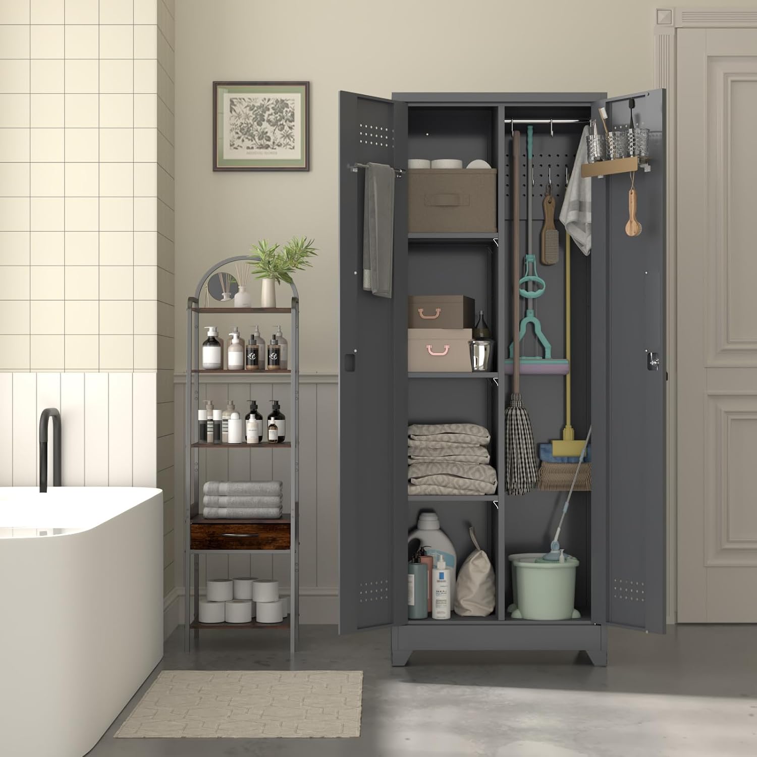 LUCYPAL 65' H Metal Garage Storage Cabinet with Shelves and Lock,Broom Closet Storage Cabinet with Hanging Rods for Mops,Garage Tool Cabinets for Utility Room,Laundry Room,Grey