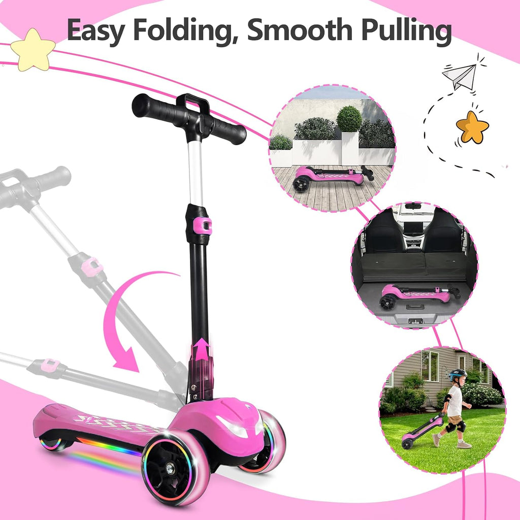 Electric Scooter for Kids Ages 3-12, Full Body Lights Up, Wide Deck, 3 Adjustable Heights, 5MPH Safe Speed, 90min Riding, Foldable 3 Wheel Electric Scooter for Kids Boys Girls Toddler