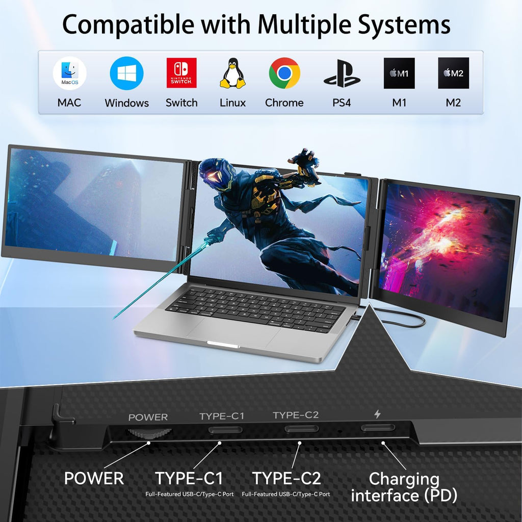 14.2' Triple Laptop Screen Extender, Ultra-Thin FHD 1080P IPS Portable Monitor for Laptop, Aluminum Alloy Tri-Screen Travel Monitor, Plug & Play for Windows/Mac/Chrome, Fits 13'-17.3' Laptops