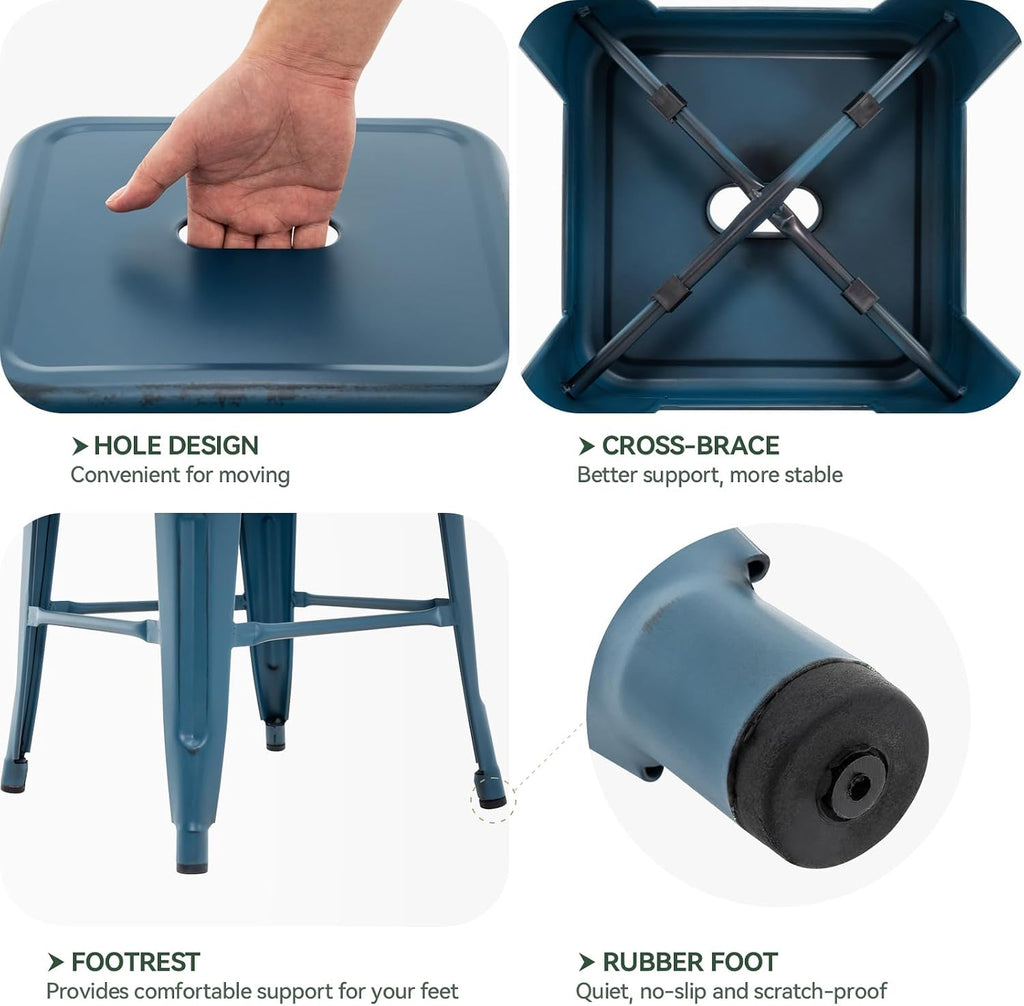 Vogue Furniture Direct 24 Inch Metal Bar Stools, Backless Counter Height Barstools, Indoor Outdoor Stackable Stools with Square Seat, Set of 4 (Distressed Deep Blue)