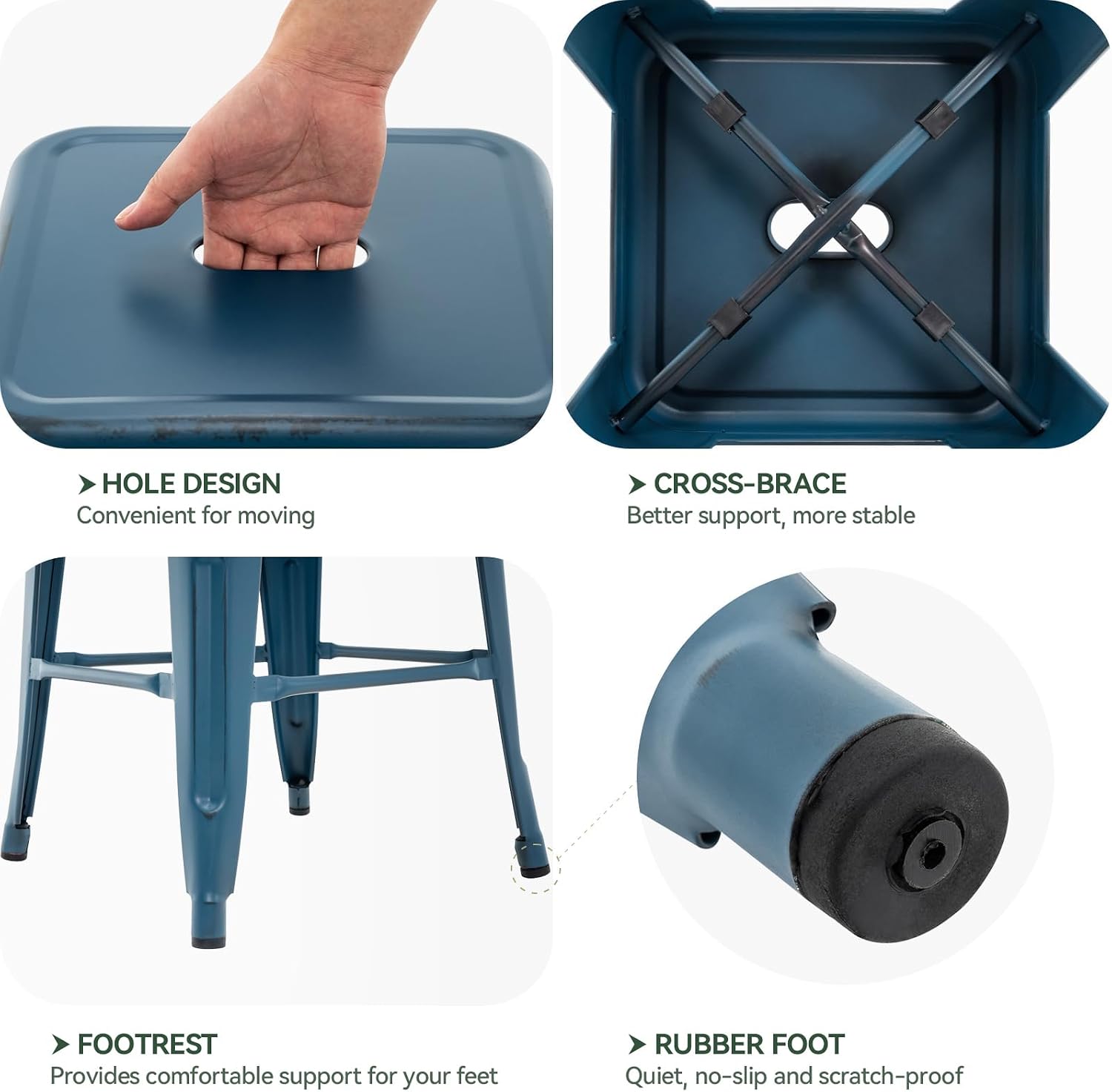 Vogue Furniture Direct 24 Inch Metal Bar Stools, Backless Counter Height Barstools, Indoor Outdoor Stackable Stools with Square Seat, Set of 4 (Distressed Deep Blue)
