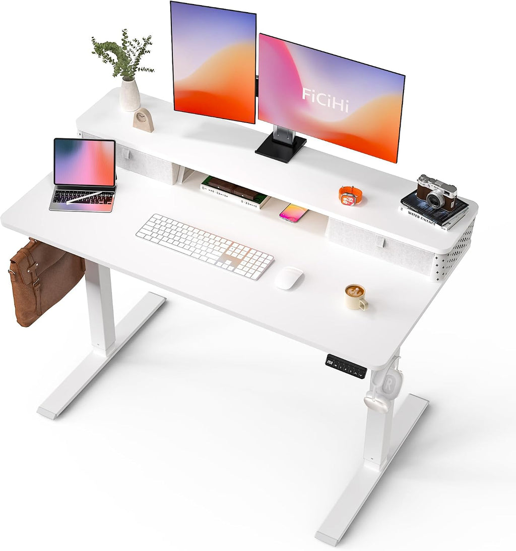 FiCiHi 48x24 Inch Standing Desk with Drawers, C-Clamp Mount Compatible, Electric Adjustable Height Computer Stand Up Desks, Home Office Sit Stand Table with 3 Preset Heights, White