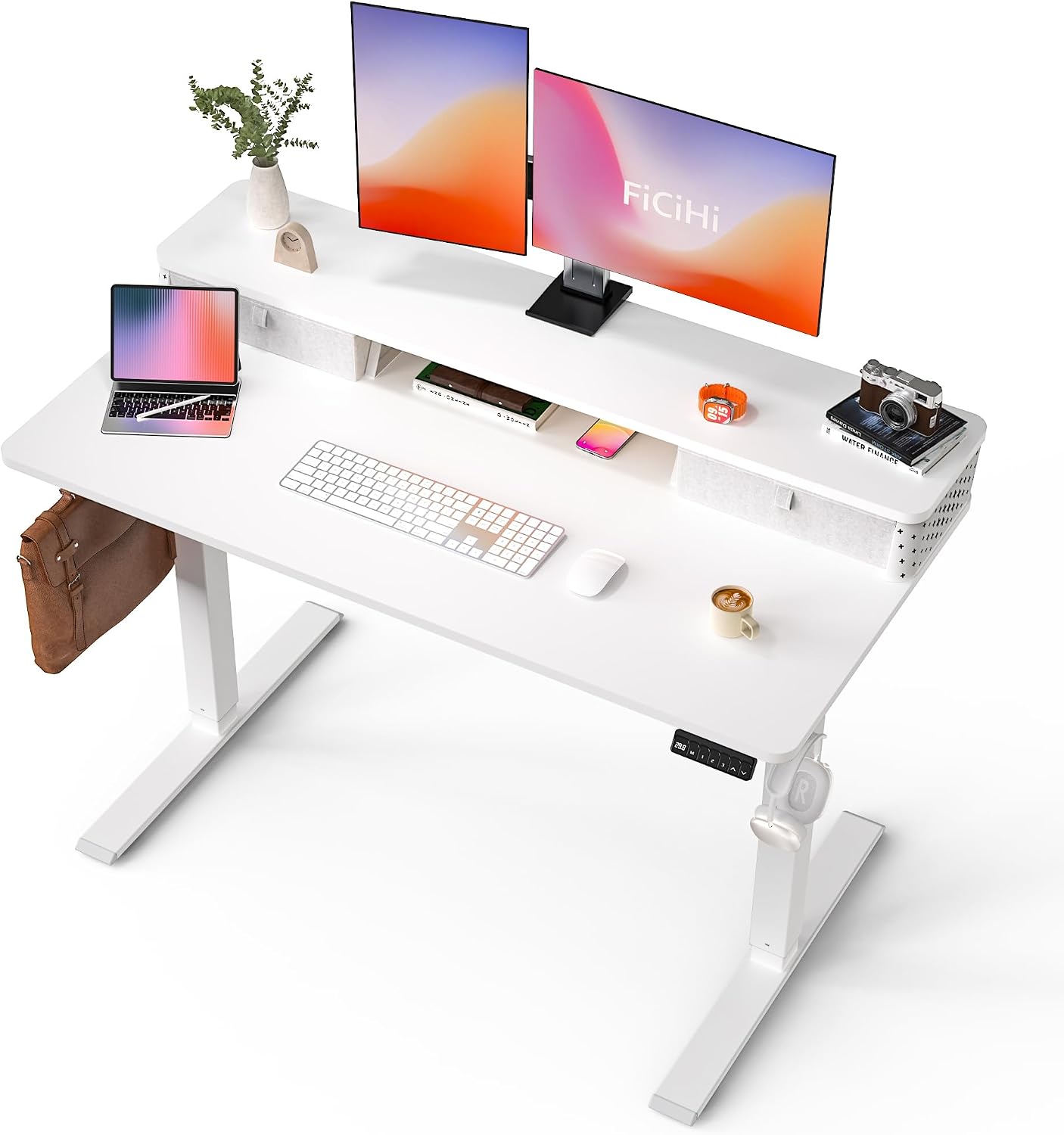 FiCiHi 48x24 Inch Standing Desk with Drawers, C-Clamp Mount Compatible, Electric Adjustable Height Computer Stand Up Desks, Home Office Sit Stand Table with 3 Preset Heights, White
