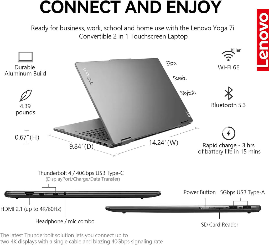 Lenovo Yoga 7i 2 in 1 Laptop Touchscreen, 16' FHD+ 360 Foldable Touch Screen Convertible, Intel Core Ultra 7, Windows 11 Laptop PC, Backlit 10-Key, Fingerprint (16GB DDR5 RAM| 512GB SSD)