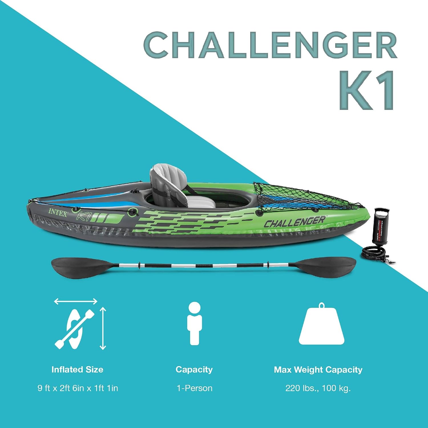 Intex Challenger K1 1 Person Durable Vinyl Streamline Sporty Kayak with Inflatable Seat and Backrest, Oar, Pump, Carrying Bag, and Repair Kit (2 Pack)