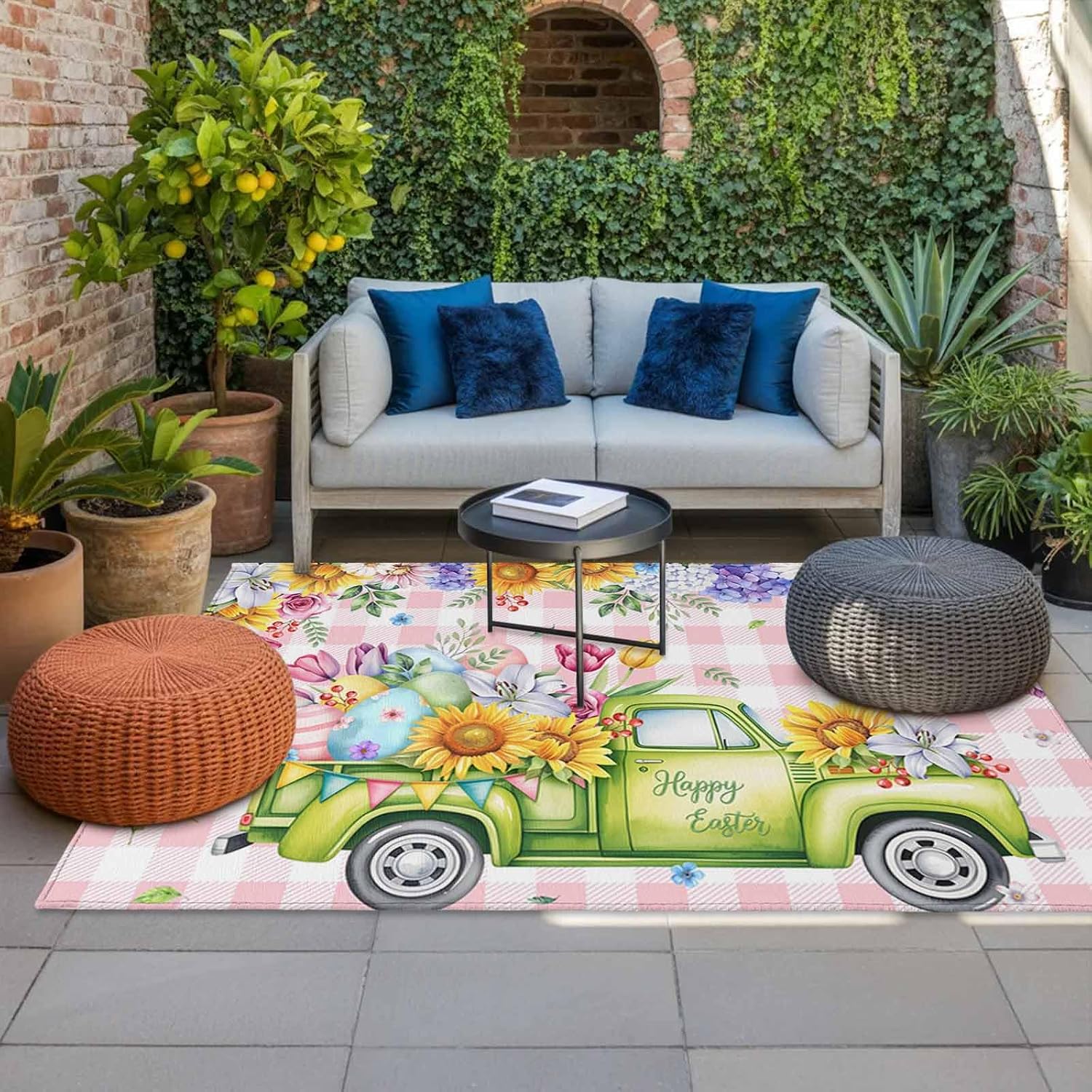 Spring Easter Outdoor Rug for Patio/Deck/Porch, Non-Slip Large Area Rug 5 x 8 Ft, Colorful Eggs Floral Truck Butterflies Pink Plaid Indoor Outdoor Rugs Washable Area Rugs, Camping Rug Carpet Runner