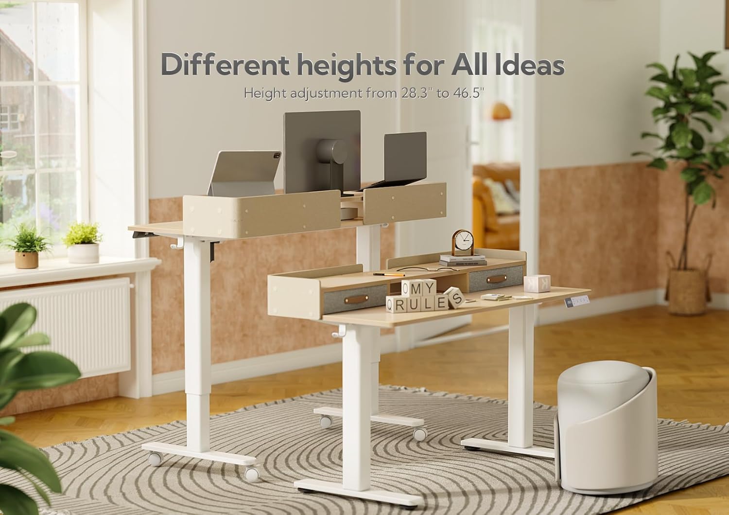 Claiks Standing Desk with Drawers, Adjustable Stand Up Electric Small Standing Desk Adjustable Height with Storage Shelf and Splice Board, 40 Inch, Natural