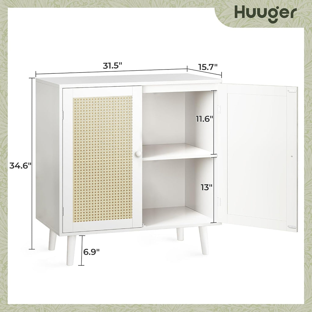 Huuger Buffet Cabinet with Storage, Storage Cabinet with PE Rattan Decor Doors, Solid Wood Feet, for Hallway, Entry, Living Room, White