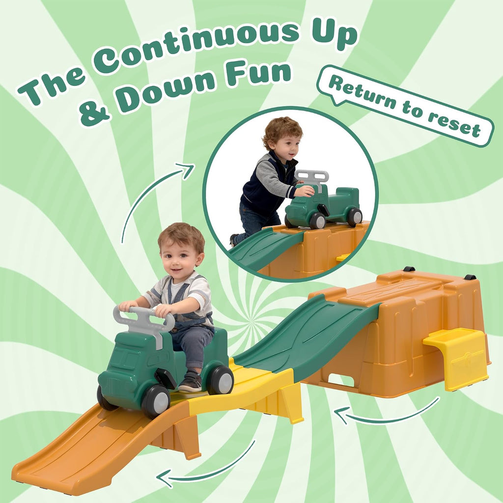 Up & Down Roller Coaster，Kids Ride On Toy，Toddler Push Car with Assembled Race Track & Storage Base Box, Indoor Outdoor Playset