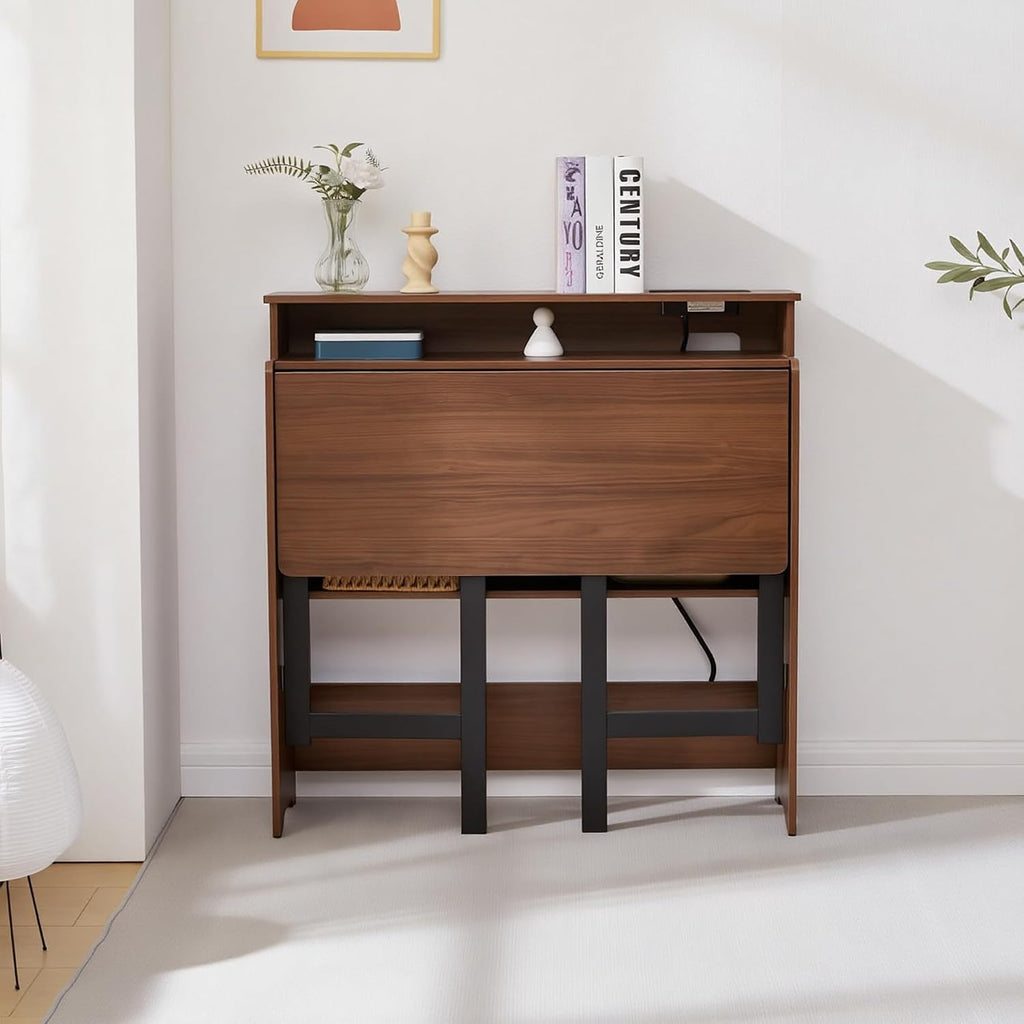 Fold Out Desk with Charging Station, Folding Desk with Monitor Stand,Storage Shelf,Small Foldable Desk for Compact Home Office Spaces