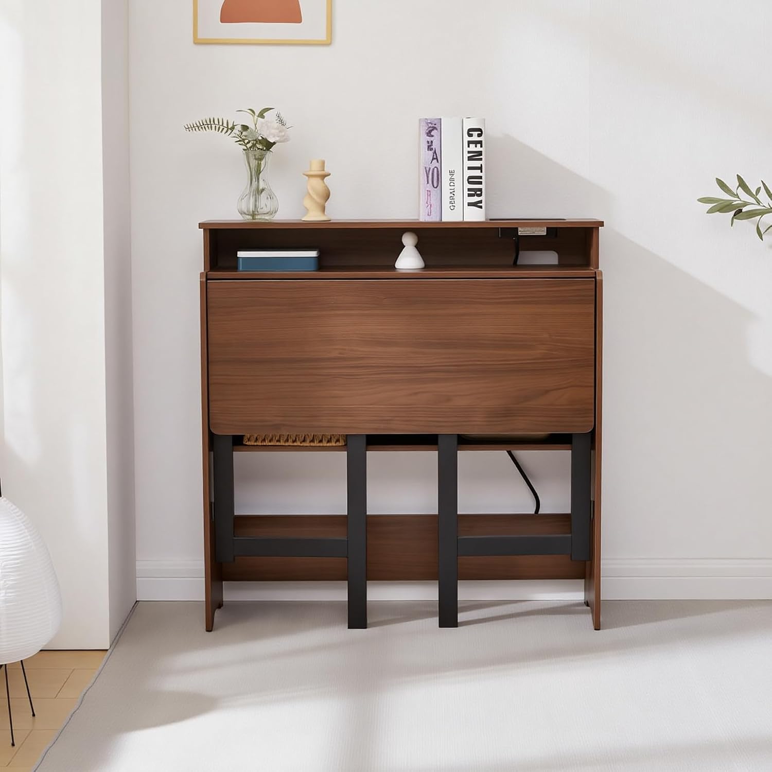 Fold Out Desk with Charging Station, Folding Desk with Monitor Stand,Storage Shelf,Small Foldable Desk for Compact Home Office Spaces