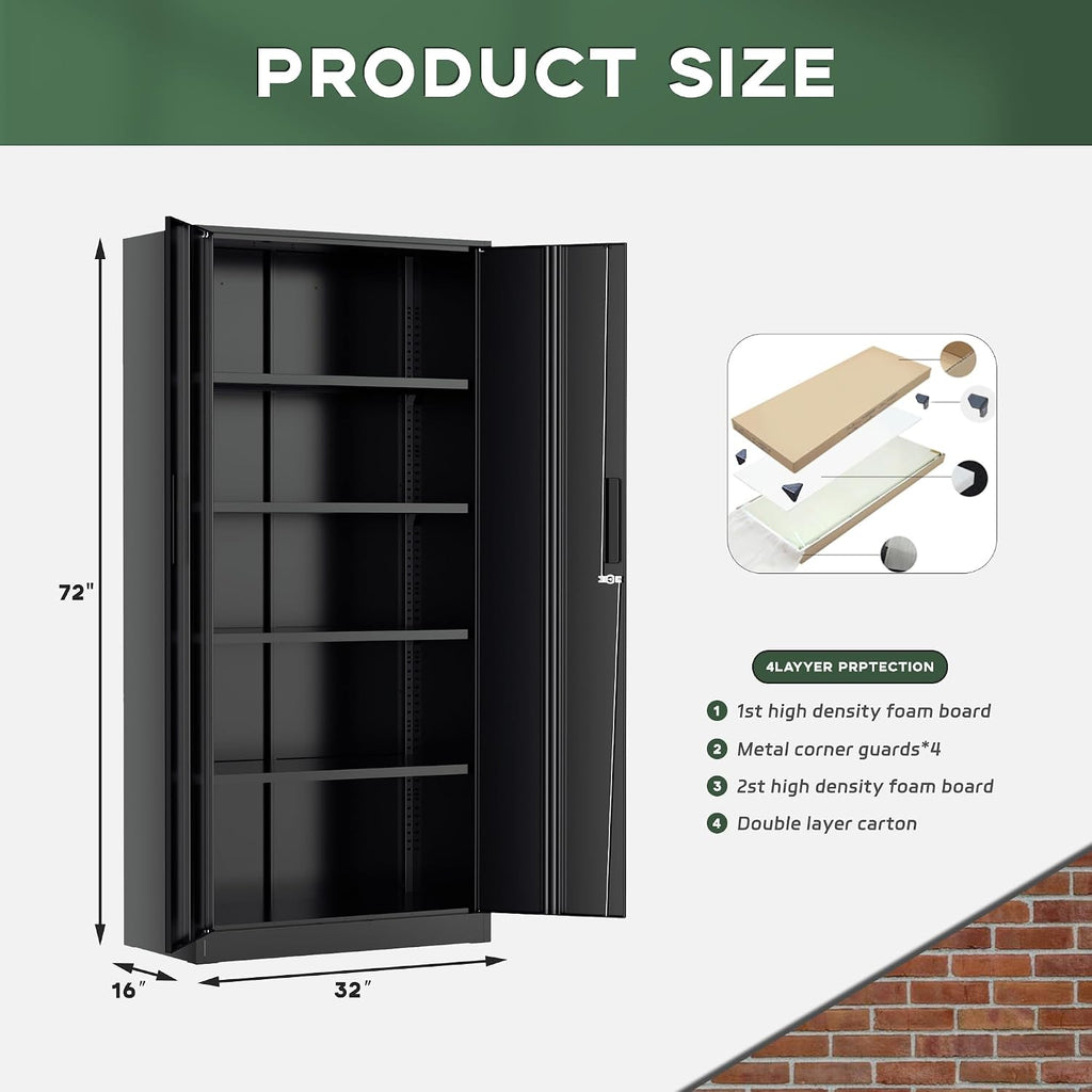 Greenvelly Metal Storage Cabinet, 72' Black Metal Locking Storage Cabinet with Doors and 4 Adjustable Shelves, Large Steel Cabinet for Home Office, Garage, Shop, School (32' W x 16' D)