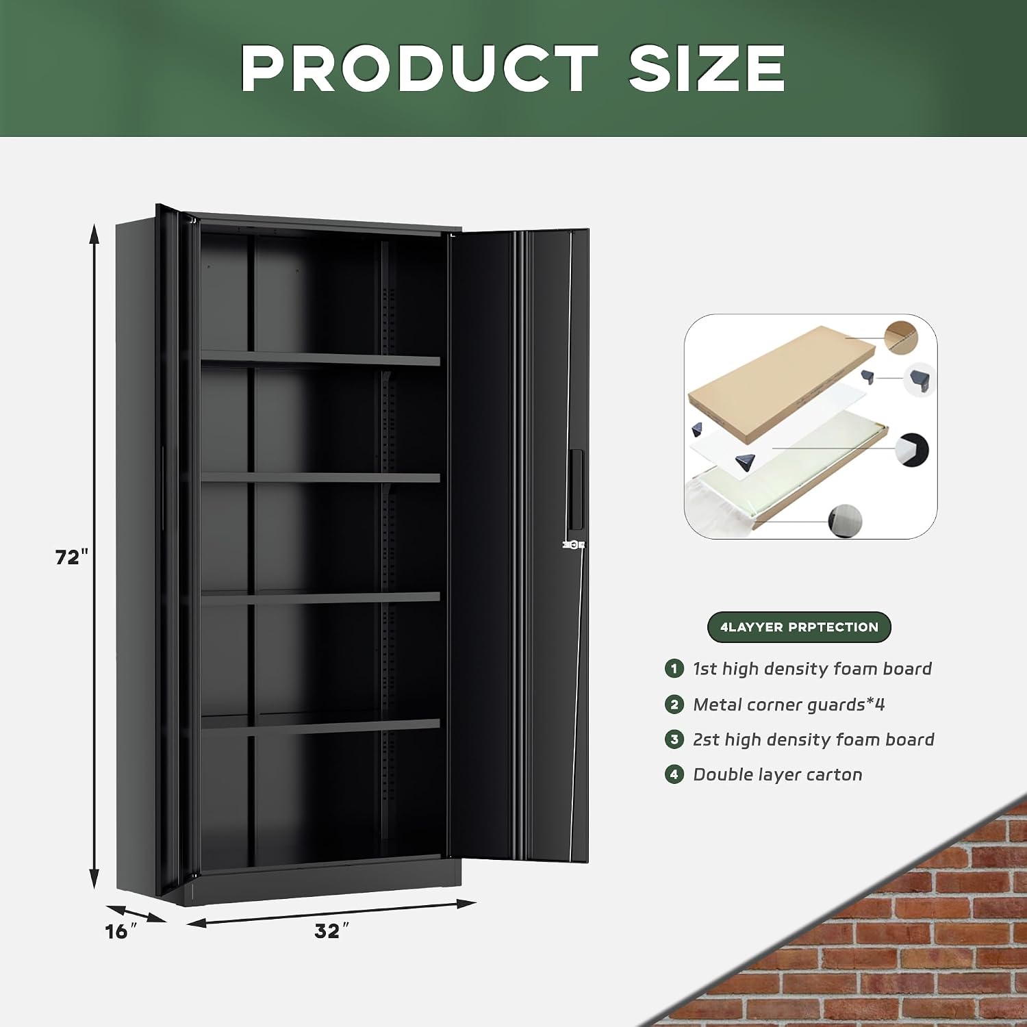 Greenvelly Metal Storage Cabinet, 72' Black Metal Locking Storage Cabinet with Doors and 4 Adjustable Shelves, Large Steel Cabinet for Home Office, Garage, Shop, School (32' W x 16' D)
