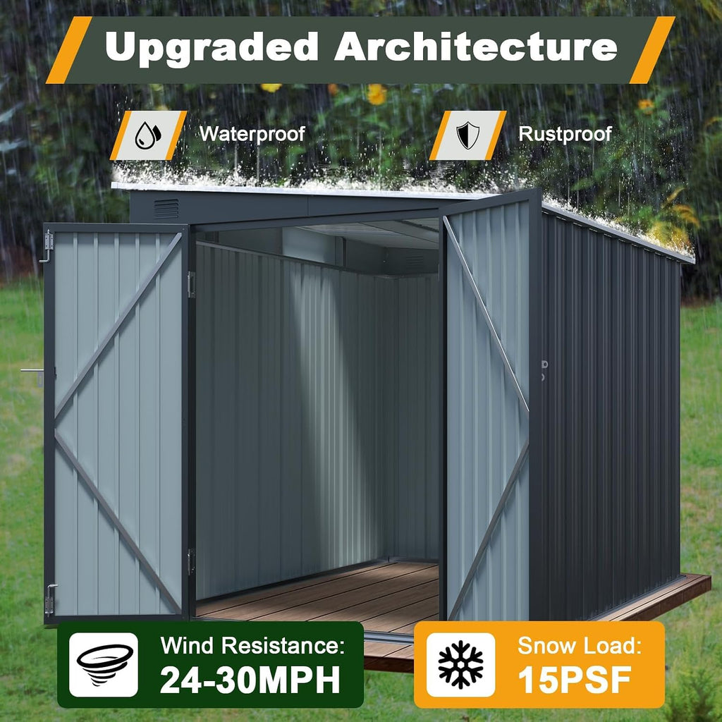 6x8 FT Metal Shed with Skylight, Lean to Garden Shed with Lockable Double Doors for Garden Tools, Lawn Mower, Motorcycle, Outside Storage Shed Waterproof for Backyard, Patio