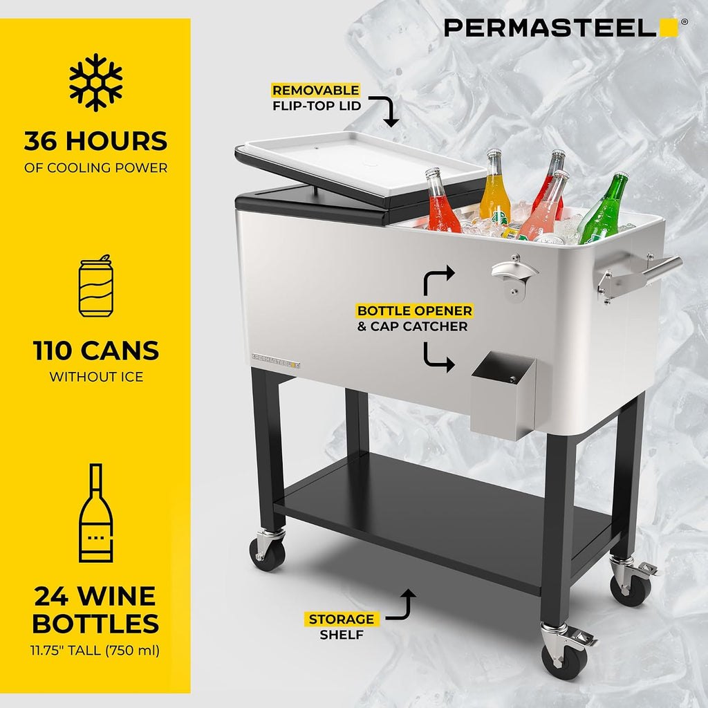 Permasteel Party Cooler with Divider, Removable Basin, Spacious 80-Qt Capacity, Chills 36hrs, Serving Tray, Rolling Ice Chest for Indoor & Outdoor