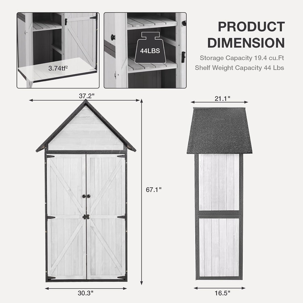 Indoor Outdoor Storage Cabinet with Waterproof Roof Storage Shed with Adjustable Shelves Large Capacity Wooden Storage Shed with Metal Frame Structure for Backyard Garden Patio Lawn (White)