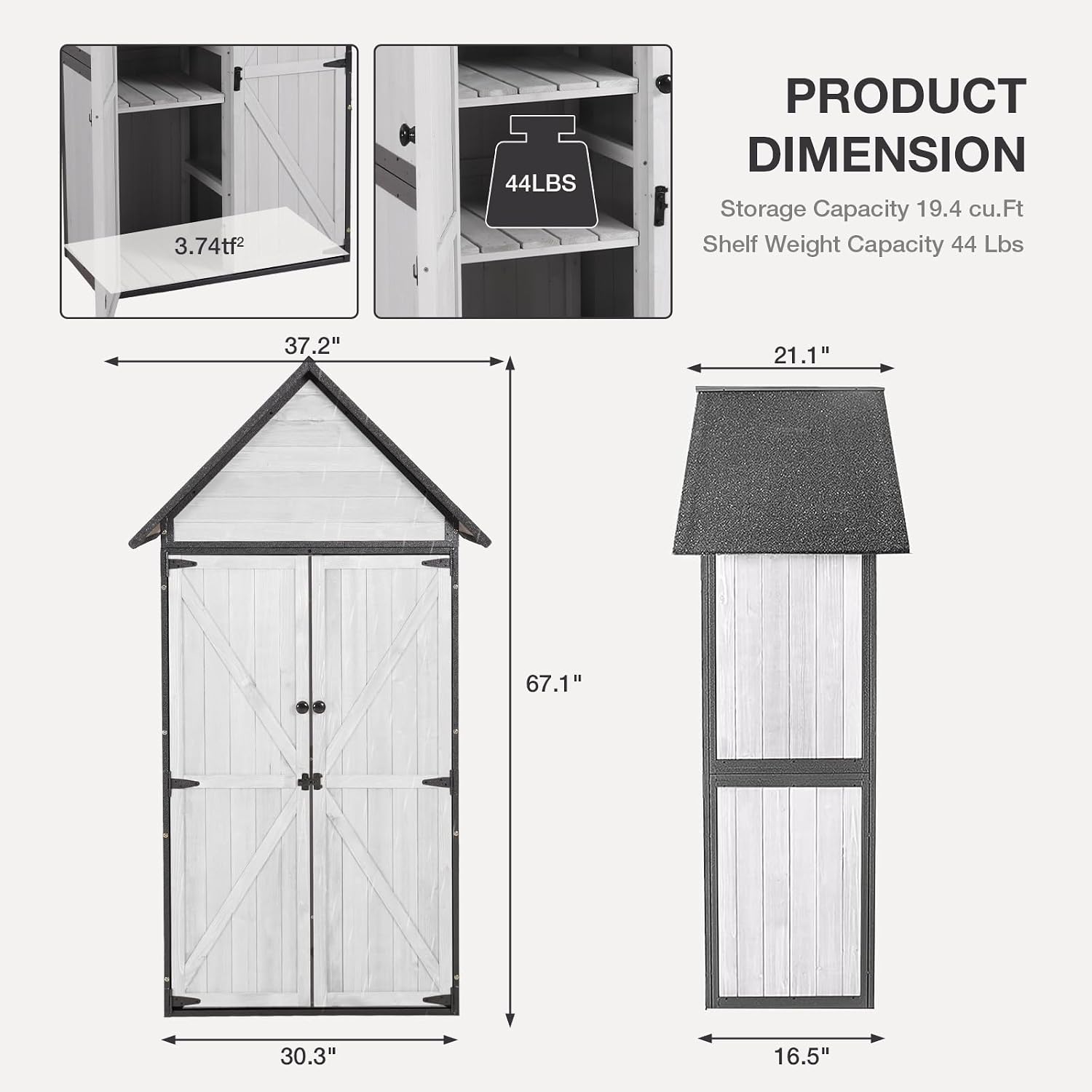 Indoor Outdoor Storage Cabinet with Waterproof Roof Storage Shed with Adjustable Shelves Large Capacity Wooden Storage Shed with Metal Frame Structure for Backyard Garden Patio Lawn (White)