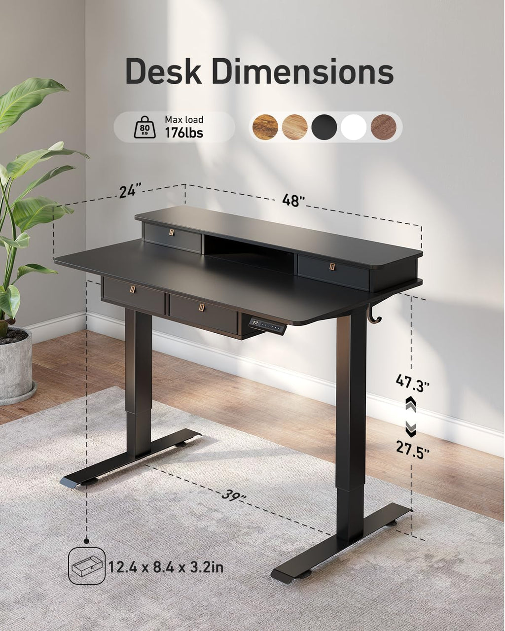 FEZIBO 48 x 24 inch Standing Desk with Drawers, Height Adjustable Electric Workstation, Computer Sit Stand Up Table with Large Storage Shelf 4 Drawers and 2 Hooks, Black
