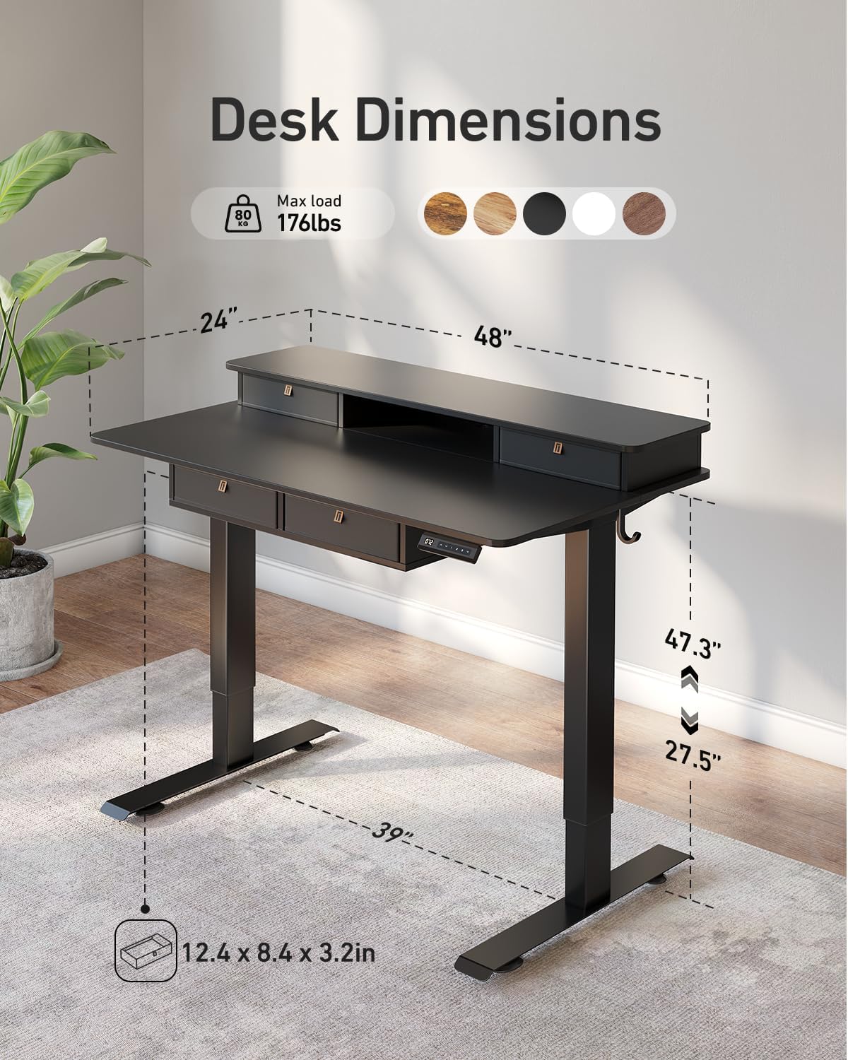 FEZIBO 48 x 24 inch Standing Desk with Drawers, Height Adjustable Electric Workstation, Computer Sit Stand Up Table with Large Storage Shelf 4 Drawers and 2 Hooks, Black