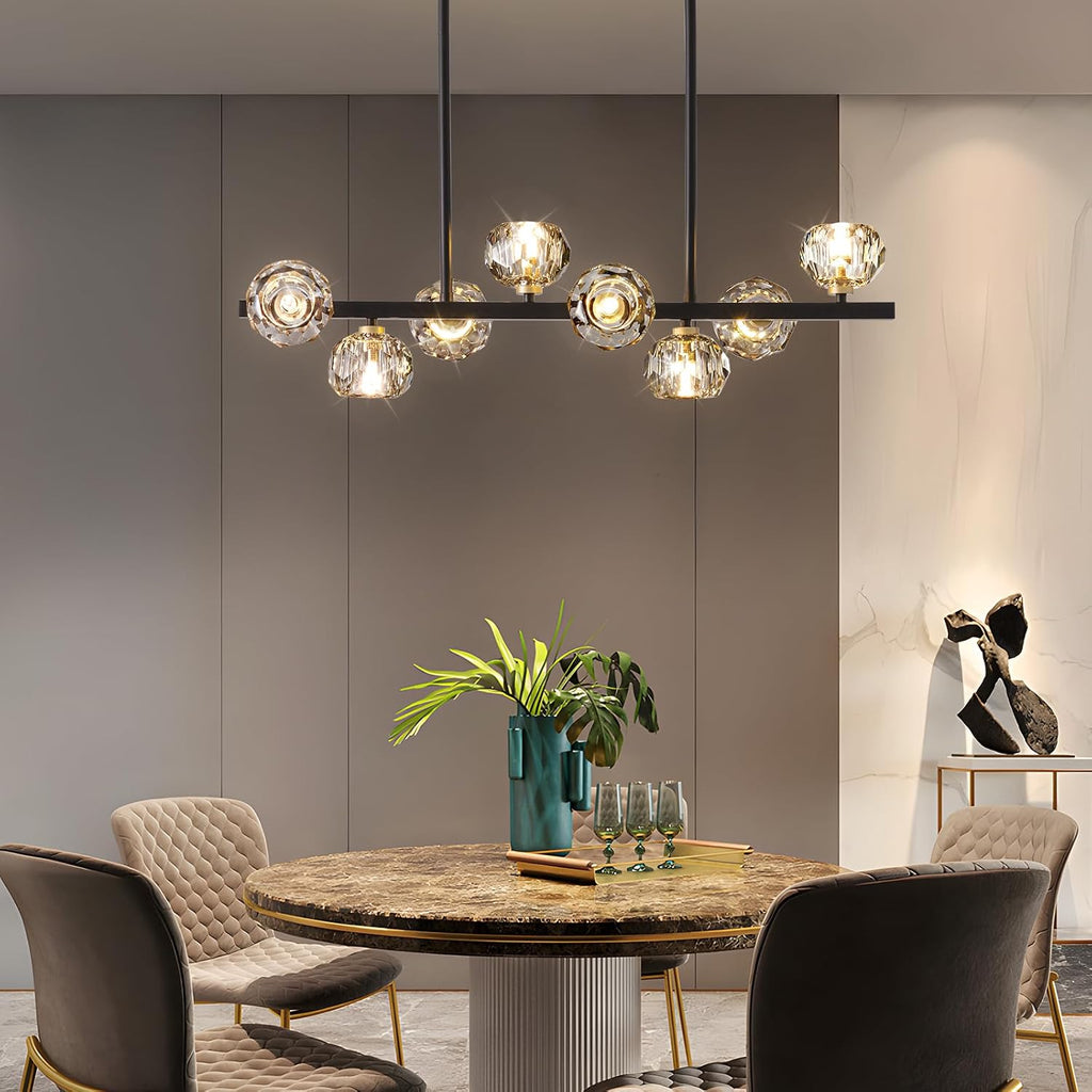 Modern Crystal Chandelier Dining Room Light fixtures Black Chandeliers with Crystal Ball Shade 8-Lights Industrial Globe Hanging Pendant Lighting for Kitchen Island,Living Room,Dining Room