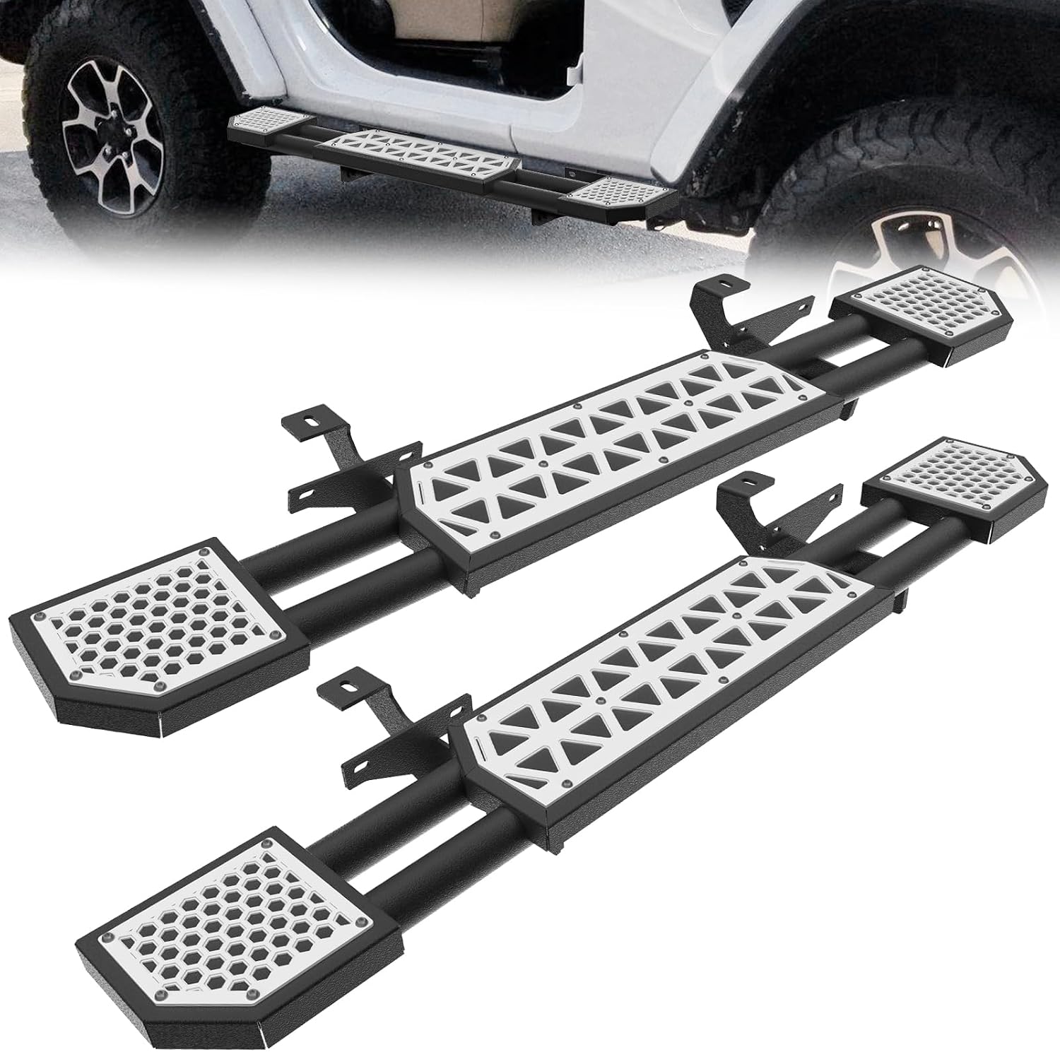 Running Boards Fit for Jeep Wrangler JL 2018-2023 2024 2025 Side Steps for JL 2 Door 7 Inch Rock Rail Steps DIY Painting White Panel Carbon Steel Rock Sliders