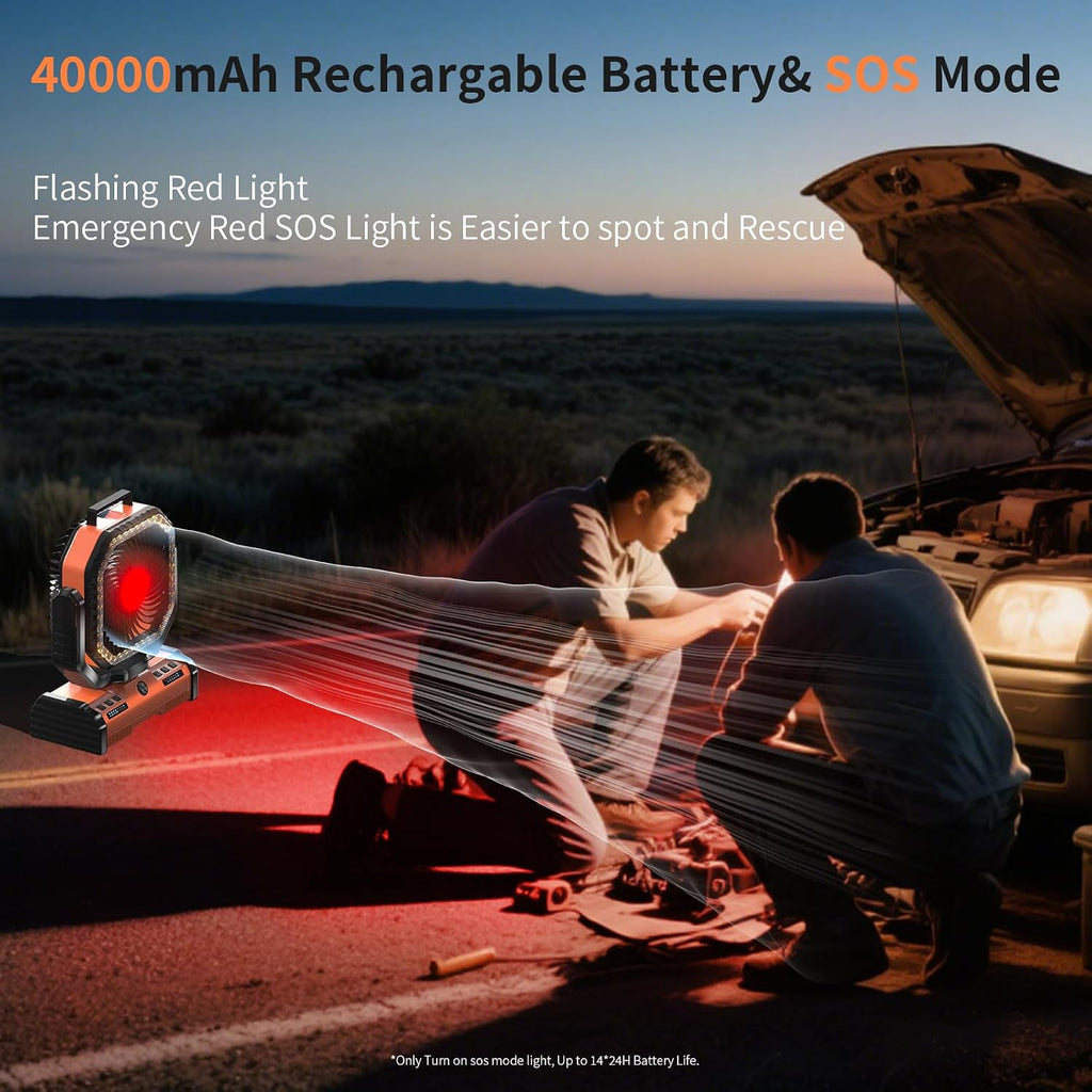 12 Inch Portable Camping Fan, 40000mAh Rechargeable Battery Powered Fan with 4 Speeds Wind and LED Light 140H, Cool & Warm Light and SOS Mode, Auto Oscillating, 360° Rotating Hang Hook(Orange)