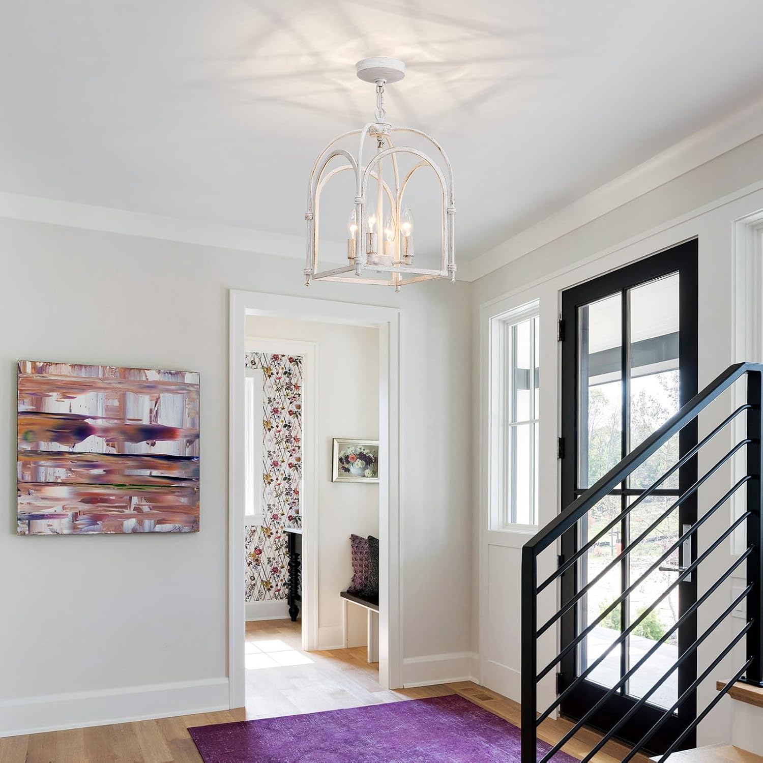 4-Light Chandeliers, Farmhouse White Chandelier for Dining Room Light Fixtures, Lantern Metal Kitchen Pendant Light Fixtures, Rustic Cage Chandelier for Bedroom Living Room Kitchen Island Hallway