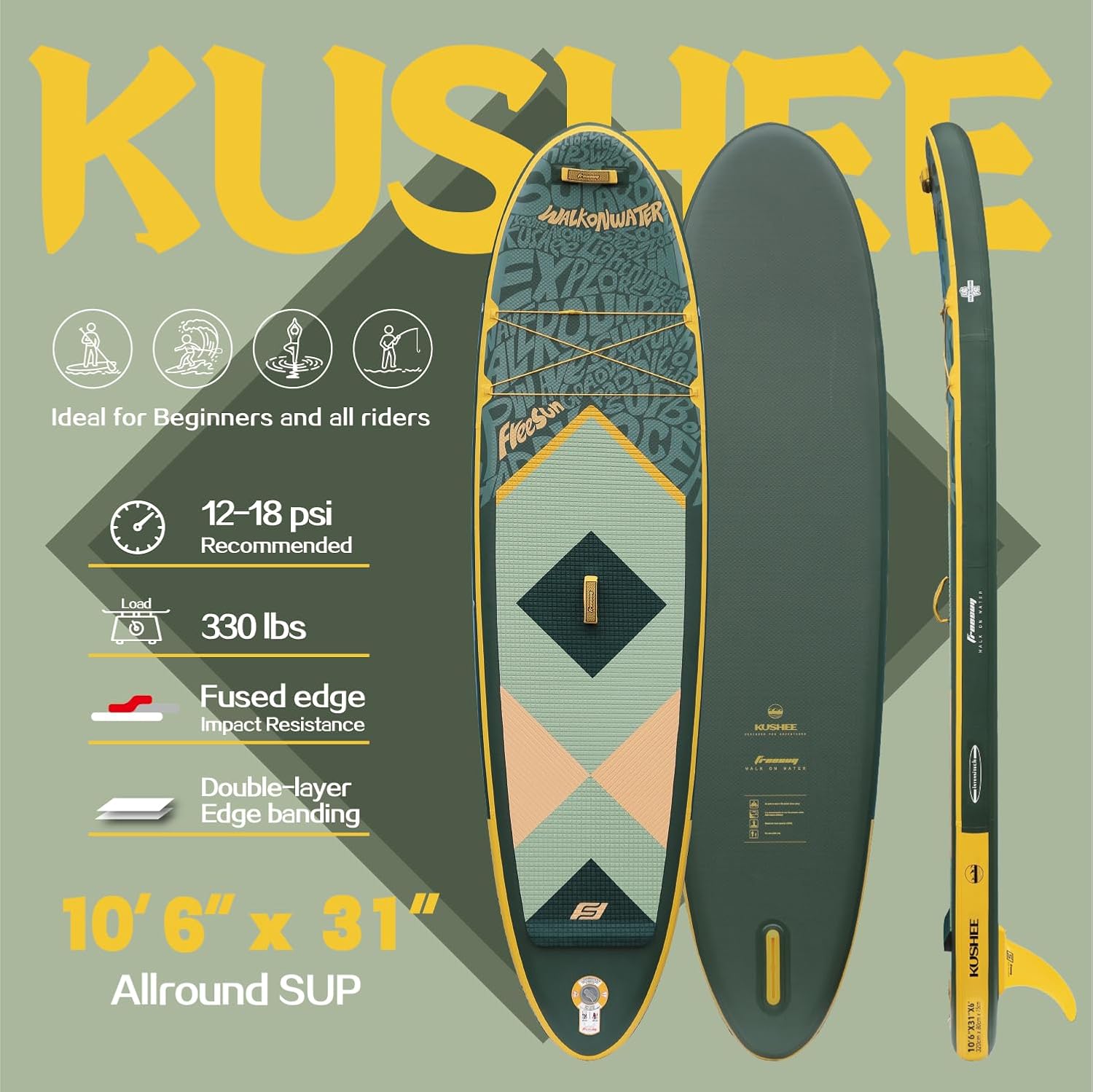 FREESUN KUSHEE 10'6' x 31' Inflatable Stand Up Paddle Board, All-Around iSUP for Beginners & Adults, Glue-Free Heat-Fusion Tech for Extra Durability, Stable Wide Nose, Lightweight Blow Up SUP
