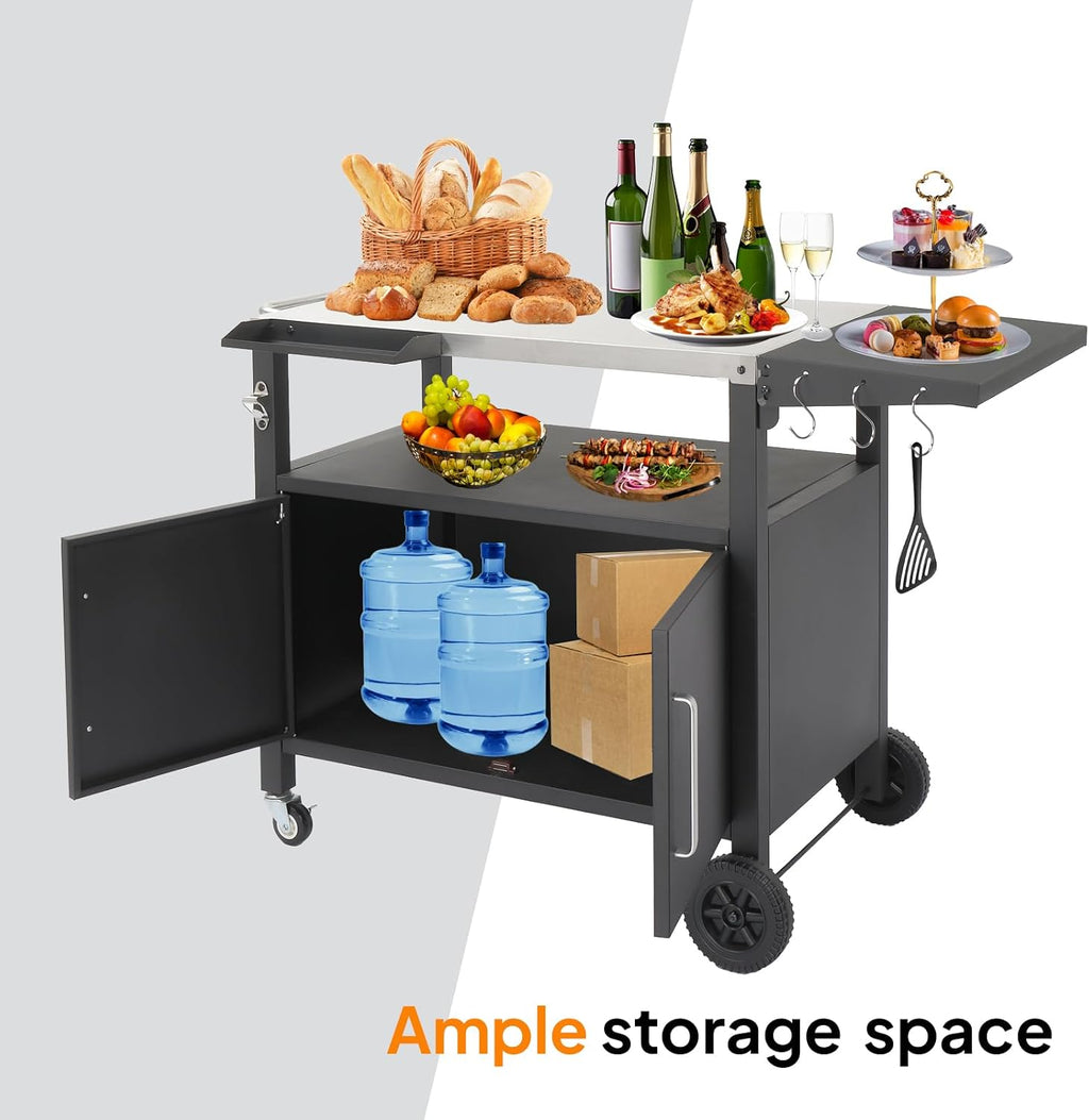 ROVSUN Gourmet Grill Cart with Storage, Movable Grill Table with Wheels, Hooks and Spice Rack, Stainless Steel Top & Storage Cabinet, Pizza Oven Cart for Camping, Tailgating, and Outdoor Cooking