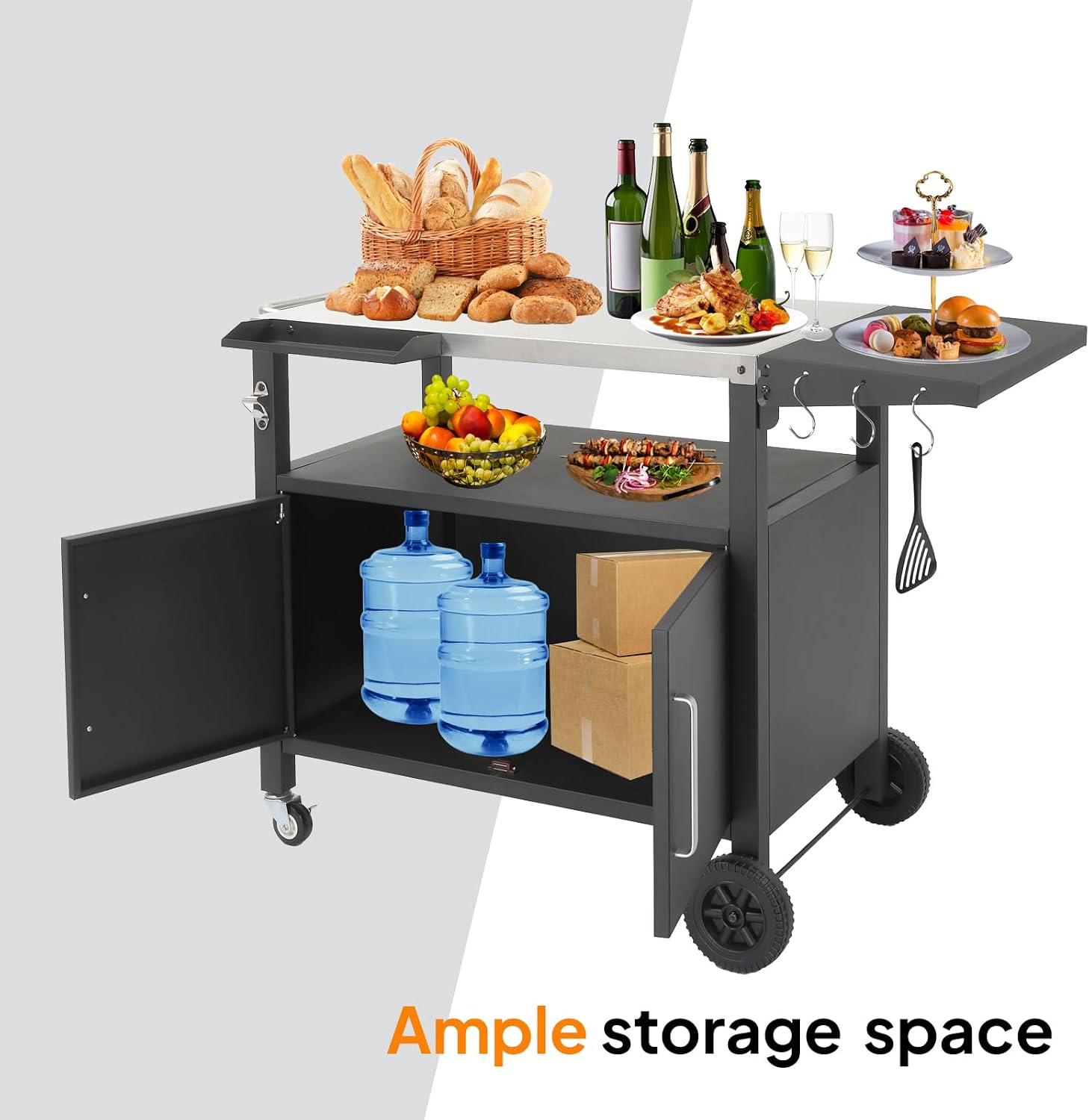 ROVSUN Gourmet Grill Cart with Storage, Movable Grill Table with Wheels, Hooks and Spice Rack, Stainless Steel Top & Storage Cabinet, Pizza Oven Cart for Camping, Tailgating, and Outdoor Cooking