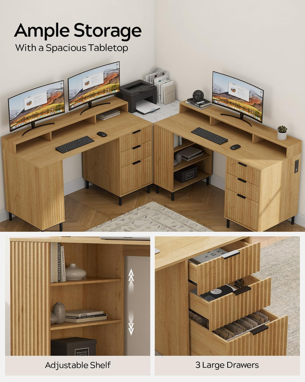 EYYTHUNG Fluted Executive Desk with Charging Station, 55' Modern Wood Office Desk with Monitor Stand & File Drawer, Home Writing Study Computer Table for Work Study, Natural Oak