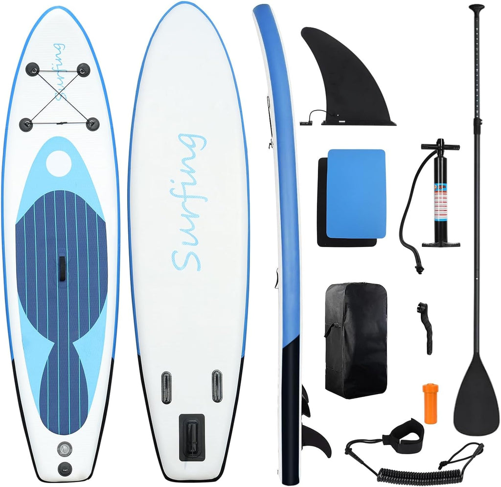Inflatable Paddle Board for Adults, Camouflage Print Adult Paddleboard, Single Layer PVC Paddle Board with Carry Bag, Hand Pump, Retractable Propeller, Removable Fin Blue