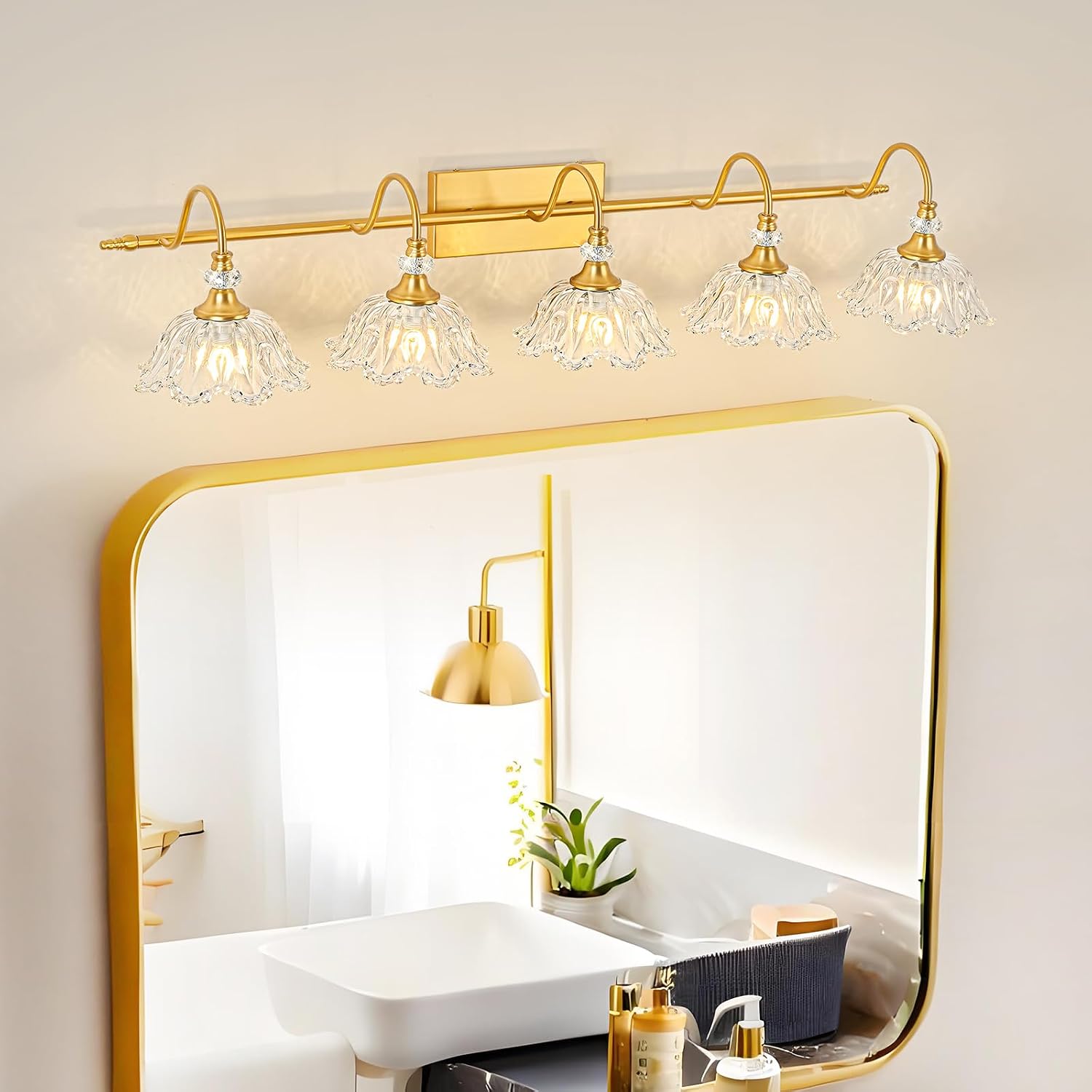 Gold Bathroom Vanity Light, 5-Light Brushed Gold Finish Vanity Light with Floral Clear Glass Shades, Vintage Wall Mount Lighting for Bathroom, Dressing Table
