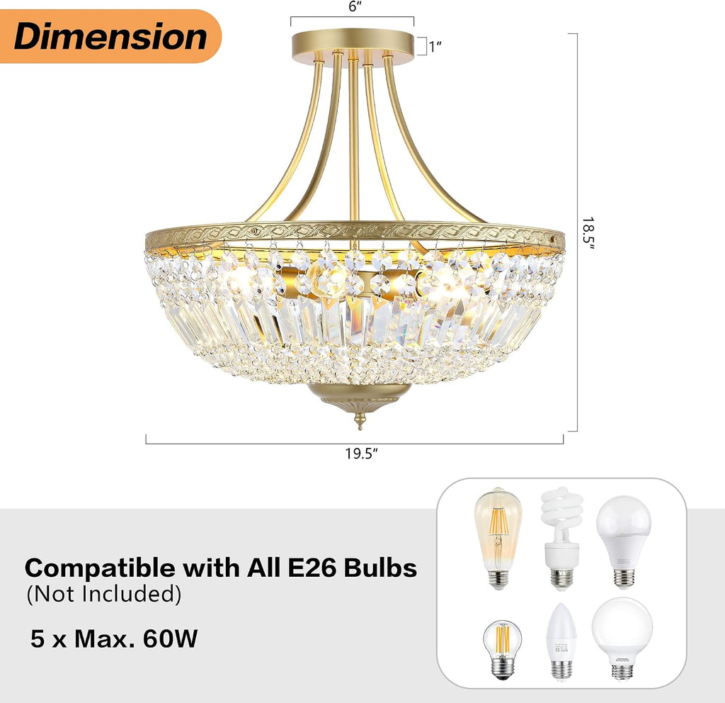 WINGBO 19.5 Inch Crystal Ceiling Light Fixture, 5-Light Raindrop Semi Flush Mount Chandelier, Modern Round Close to Ceiling Hanging Light for Living Room Dining Room Bedroom Hallway, Gold