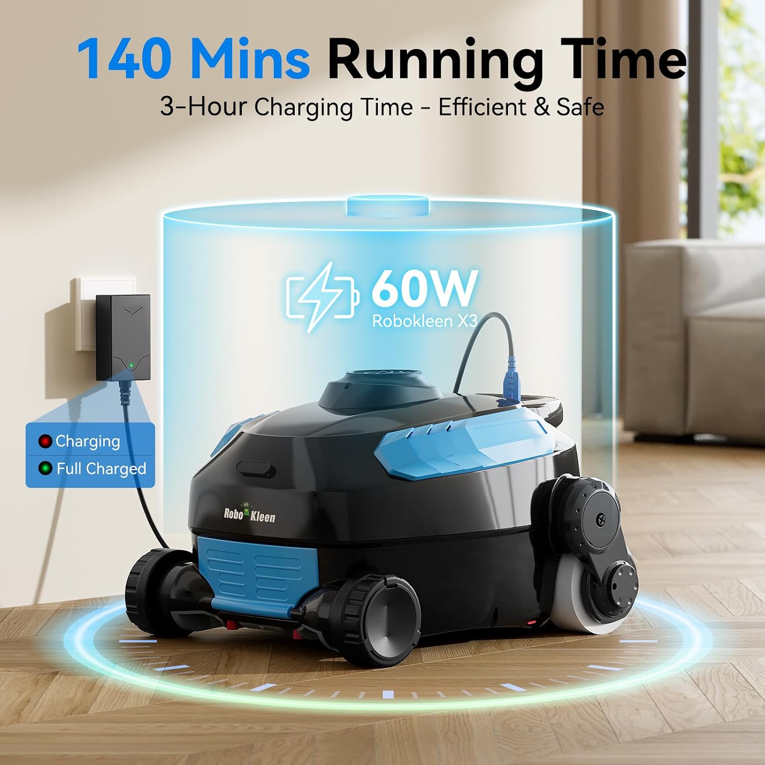 Cordless Robotic Pool Cleaner, Wall Climbing, Extended Battery Life, 8L Capacity, Advanced Dual-Motor, Dual Filtration Bag, X3 Pool Vacuum for Inground & Above Ground Pools Up to 1615 Sq.Ft, Blue