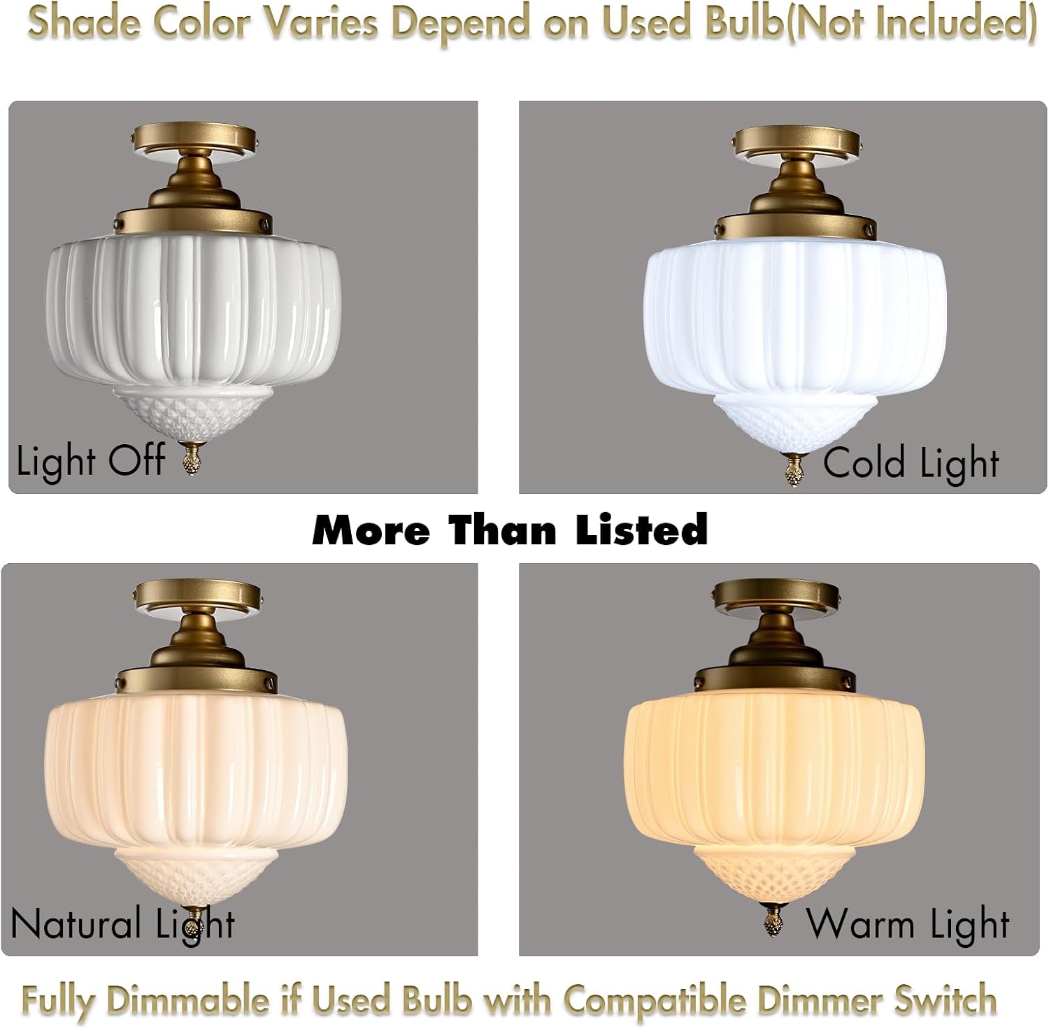 CLAXY Gold Kitchen Ceiling Light Ribbed Milk Glass Ceiling Light Fixture | Modern Semi-flush Mount Schoolhouse Ceiling Light E26 Dimmable Indoor Light for Bathroom Hallway Bedroom Closet Garage