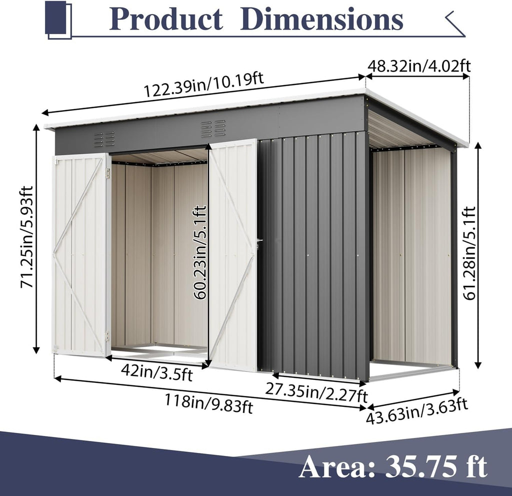 10x4 FT Outdoor Storage Shed with Frame Floor, Open Firewood Bay, 2 Vents – Lockable Double Doors, Aluminum Frame, Weatherproof for Garden, Backyard, Patio, and Equipment Storage