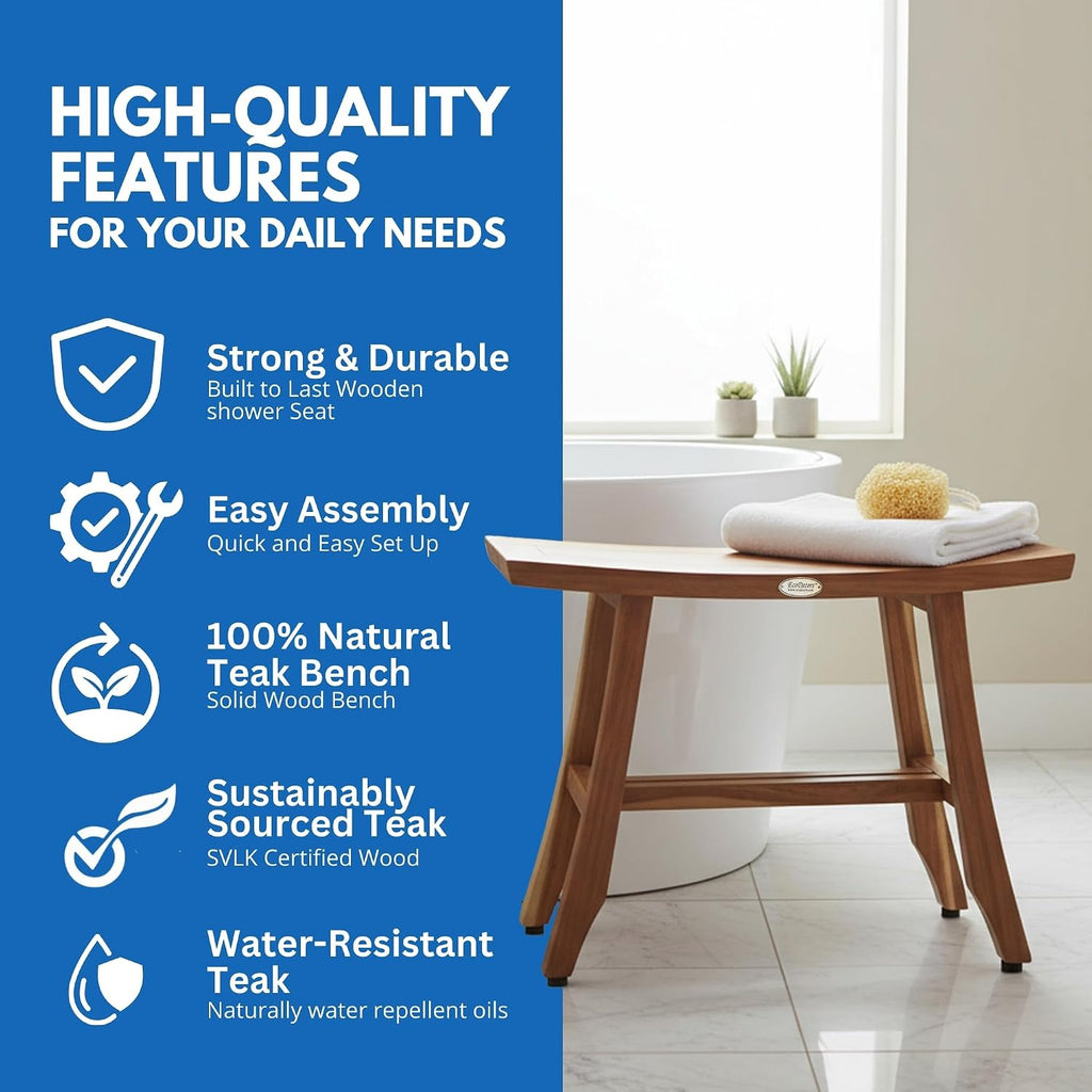 EcoDecors 24 Inch Satori Natural Teak Waterproof Teak Wood Shower Bench Stool Seat Chair for Inside Shower Provides Safety, Storage, and Organization for Bathroom Accessories