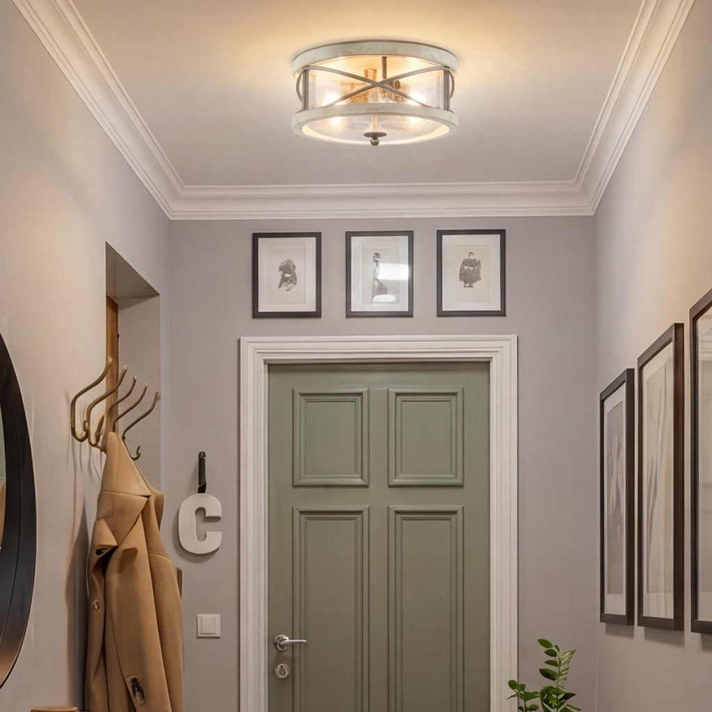 Kira Home Blaylock 13' 2-Light Farmhouse Flush Mount Ceiling Light with Hammered Glass Shade, Modern Hand-Painted Wood Grain Metal Fixture, White Ash Wood and Galvanized Steel Finish