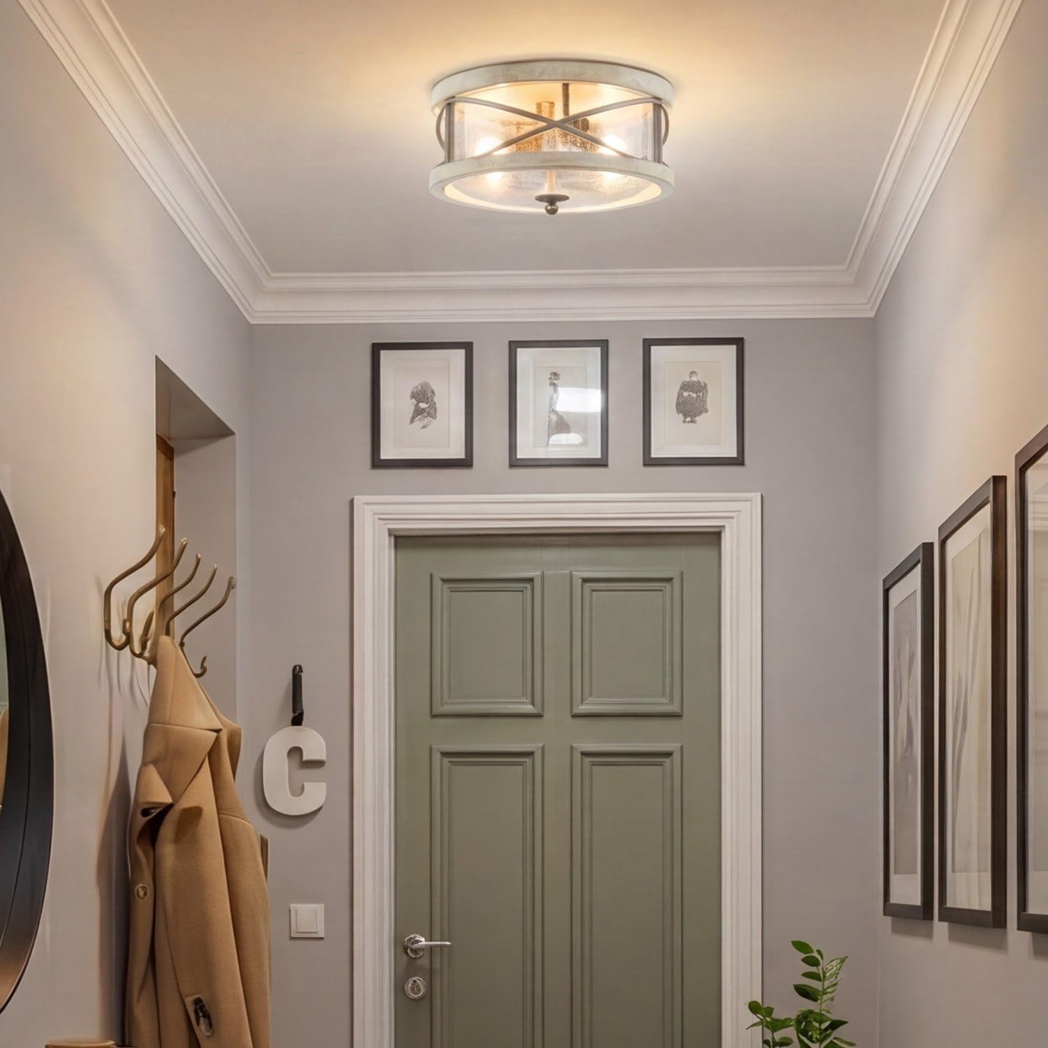 Kira Home Blaylock 13' 2-Light Farmhouse Flush Mount Ceiling Light with Hammered Glass Shade, Modern Hand-Painted Wood Grain Metal Fixture, White Ash Wood and Galvanized Steel Finish