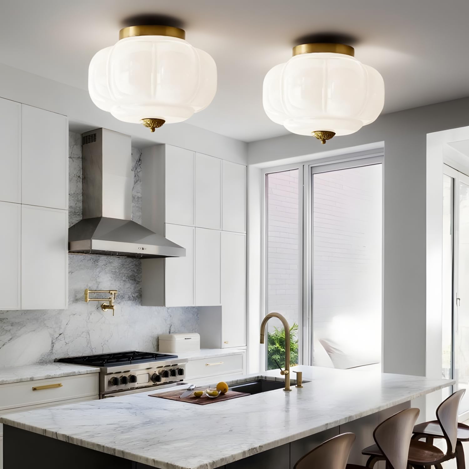Bofea-Modern Semi Flush Mount Ceiling Light,Brass Gold Ceiling Light with Milk Glass Shade,Farmhouse Kitchen Lighting Fixtures Ceiling, LED Lights for Bedroom Schoolhouse Laundry Room