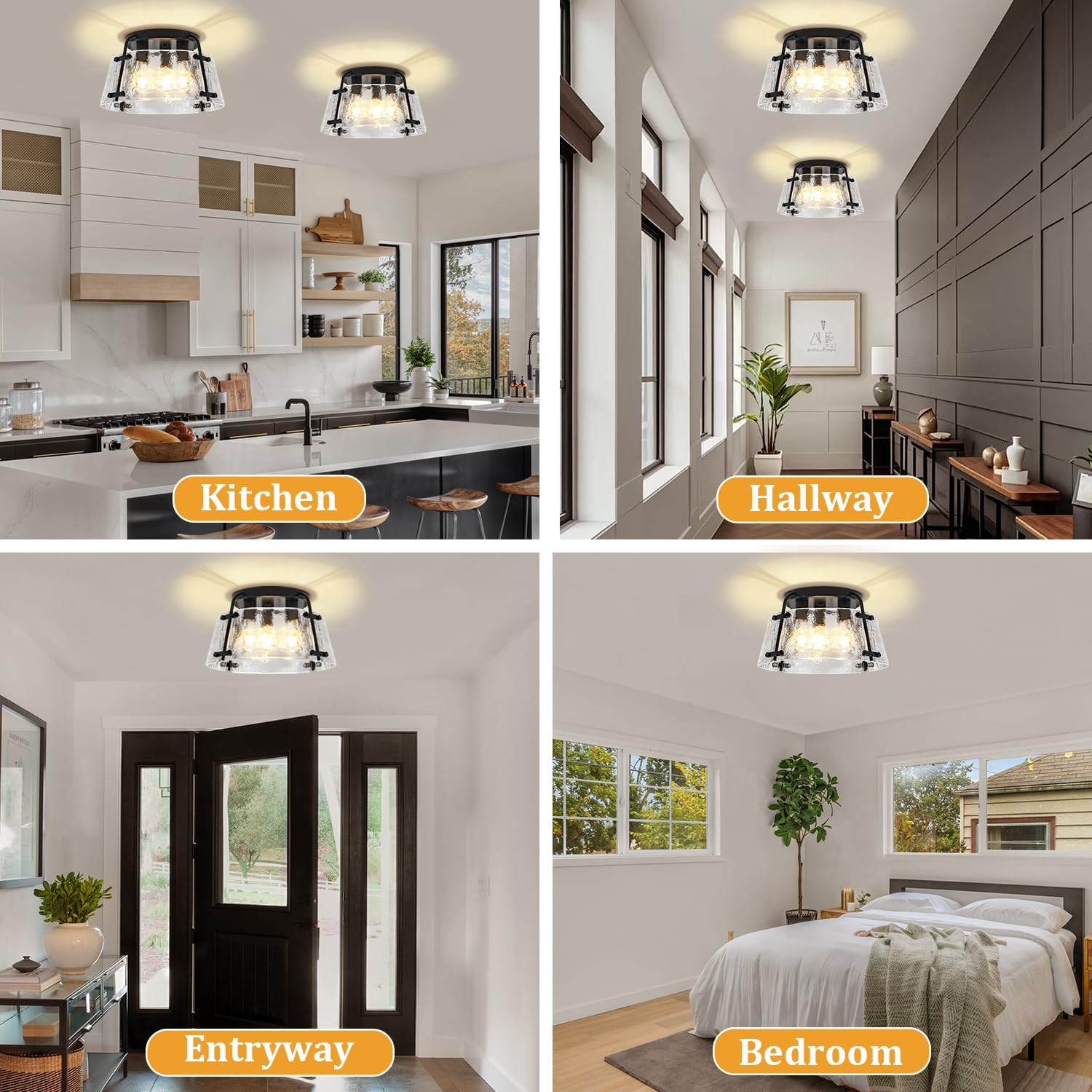 Modern Semi Flush Mount Ceiling Light, 3-Light Black Kitchen Light Fixtures Thick Hammered Glass Close to Ceiling Lights for Hallway Entryway Dining Room Bedroom Bathroom Laundry Room