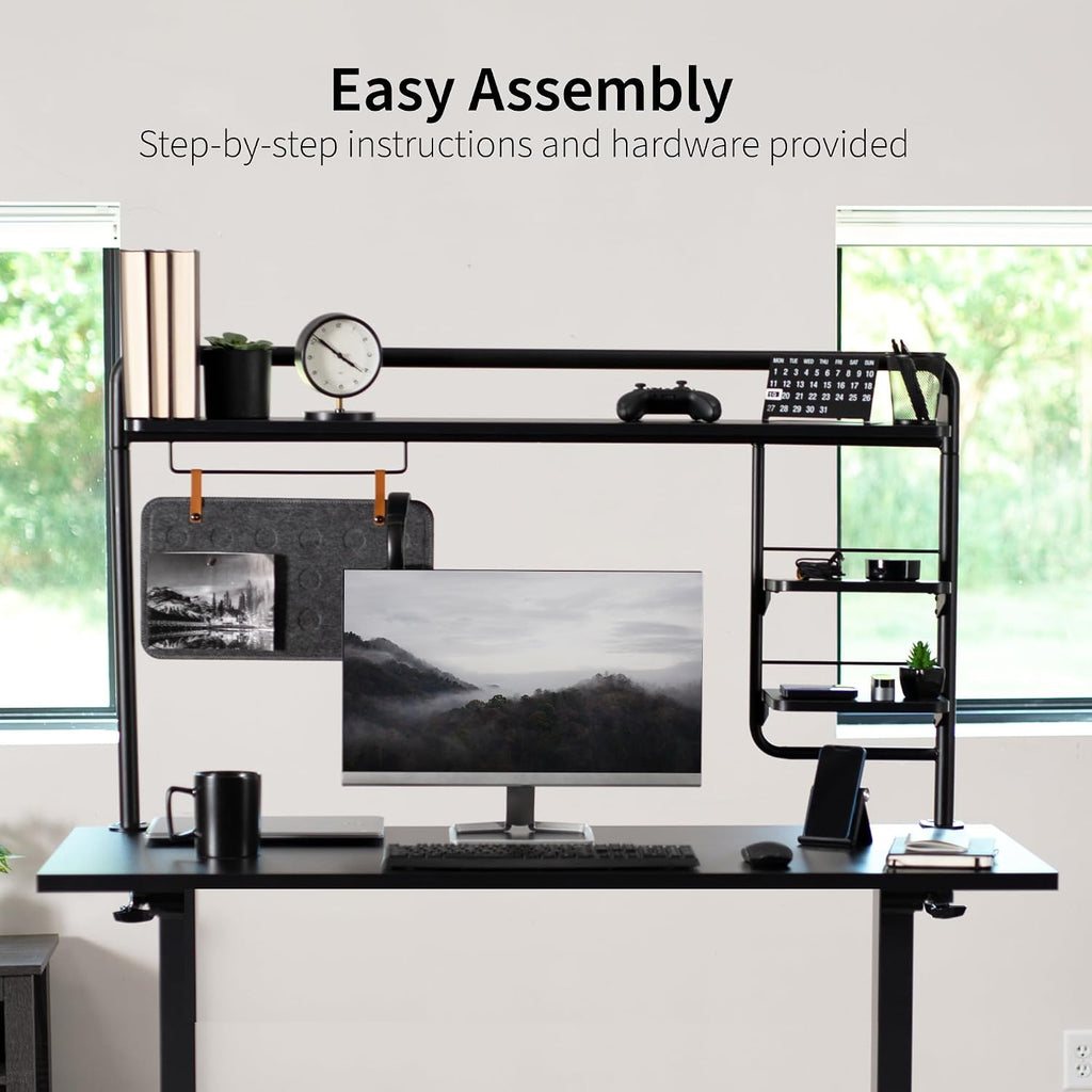 VIVO Clamp-on 50 inch Desktop Shelving System for Sit Stand Workstation, Raised Accessory Storage Shelves and Magnetic Memo Board Desk Organizer, Black, DESK-SHELF55A