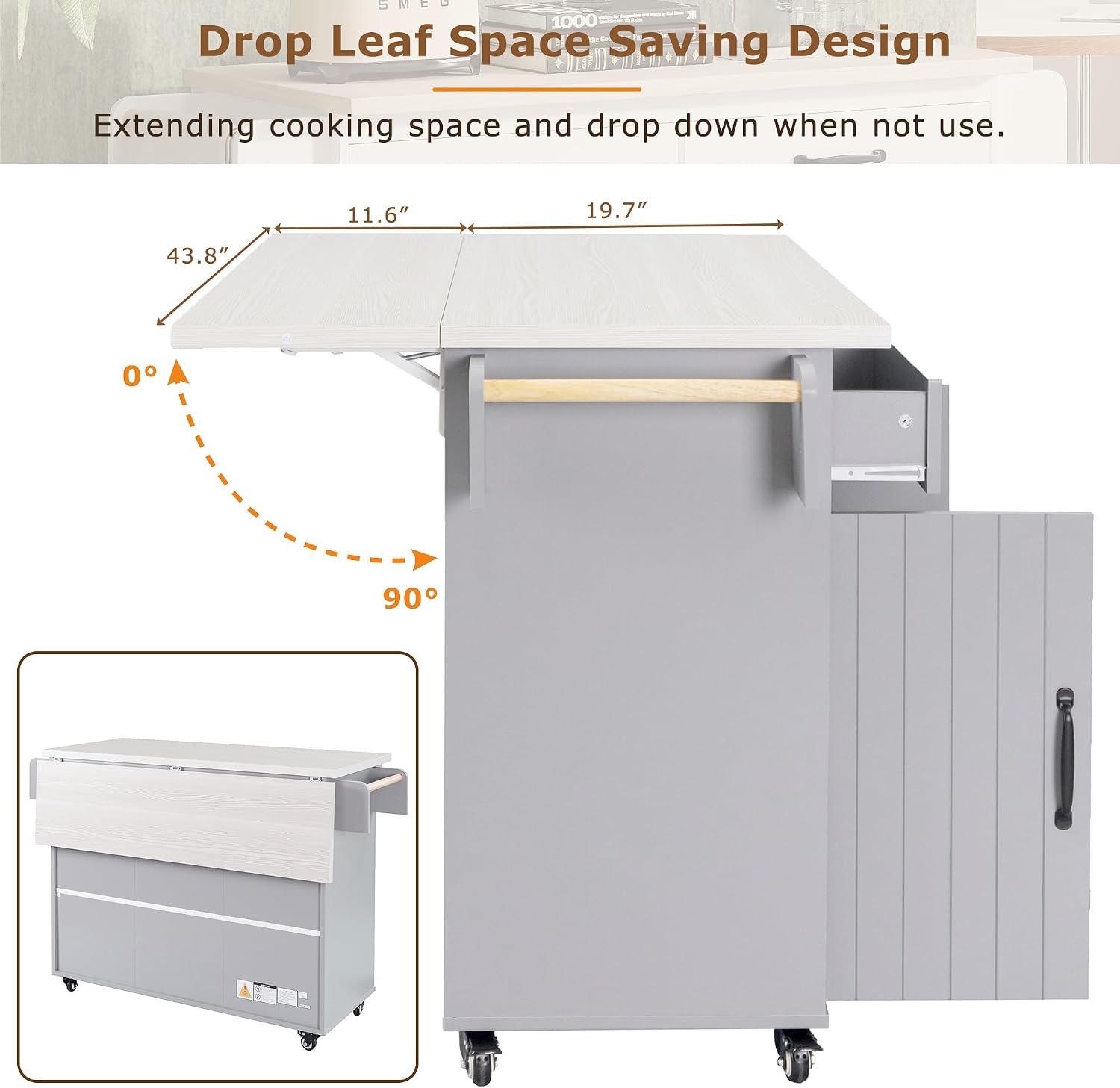 Kitchen Island with Trash Can Storage Cabinet, Kitchen Cart with Drop Leaf, Spice Rack, Towel Rack and Drawer, Rolling Kitchen Island on Wheels with Adjustable Shelf, Grey