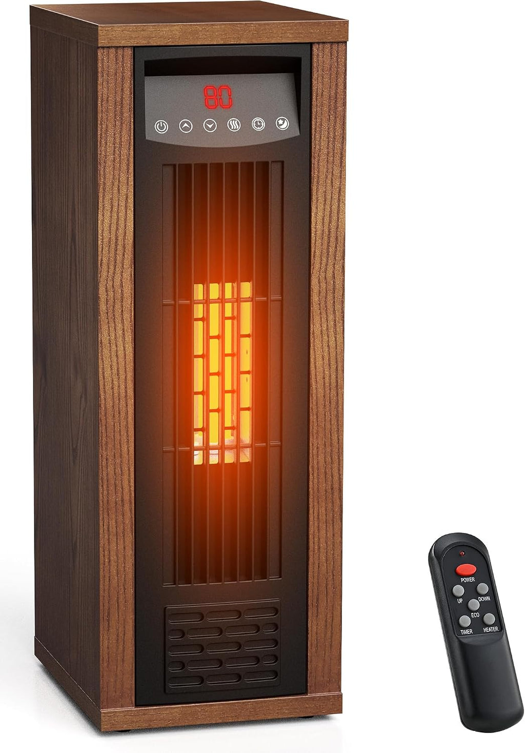 Air Choice Infrared Space Heater, 1500W Electric Portable Heater with Remote Control and Thermostat, Fast & Quiet Heating Tower Room Heater for Indoor Use, Bedroom, Office, Home, Walnut