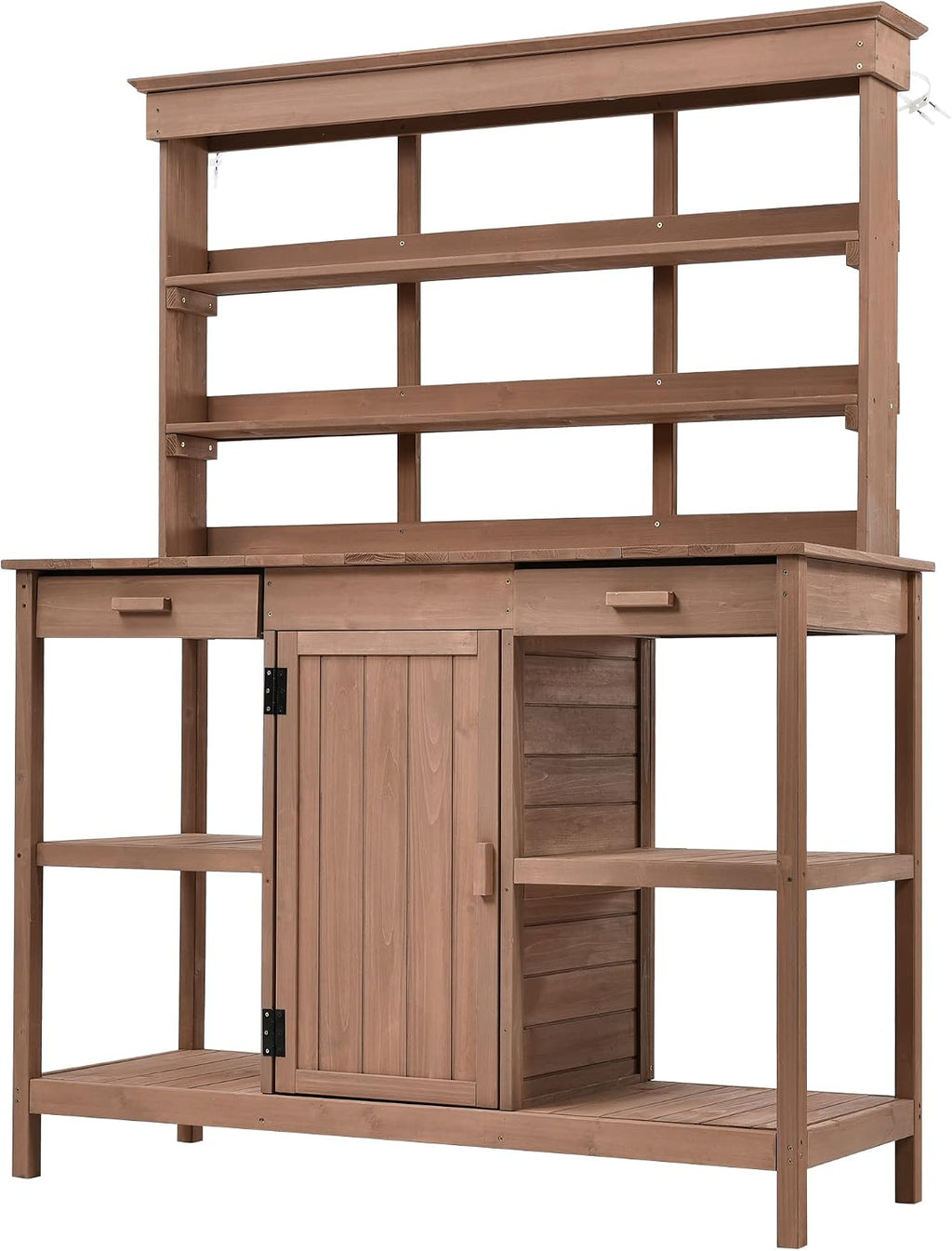 JIVOIT Outdoor Garden Potting Bench Table, 66' Large Farmhouse Wooden Garden Potting Table with 2 Drawers, Cabinet and 4-Tier Open Shelves, Garden Workstation Backyard Mudroom (Brown Frame+Brown top)