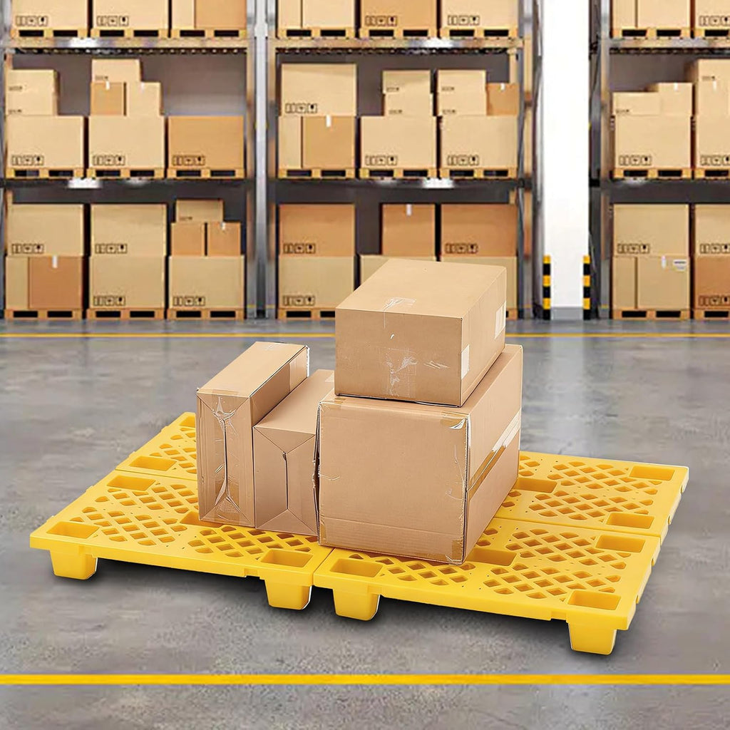 8 Pcs Plastic Pallets for Basement Storage Nestable Moisture Waterproof Lightweight Floor Pallets with Breathable Grid for Indoor Outdoor Supermarket Warehouse (23.6 x 15.8 x 3.9 Inch,Yellow)