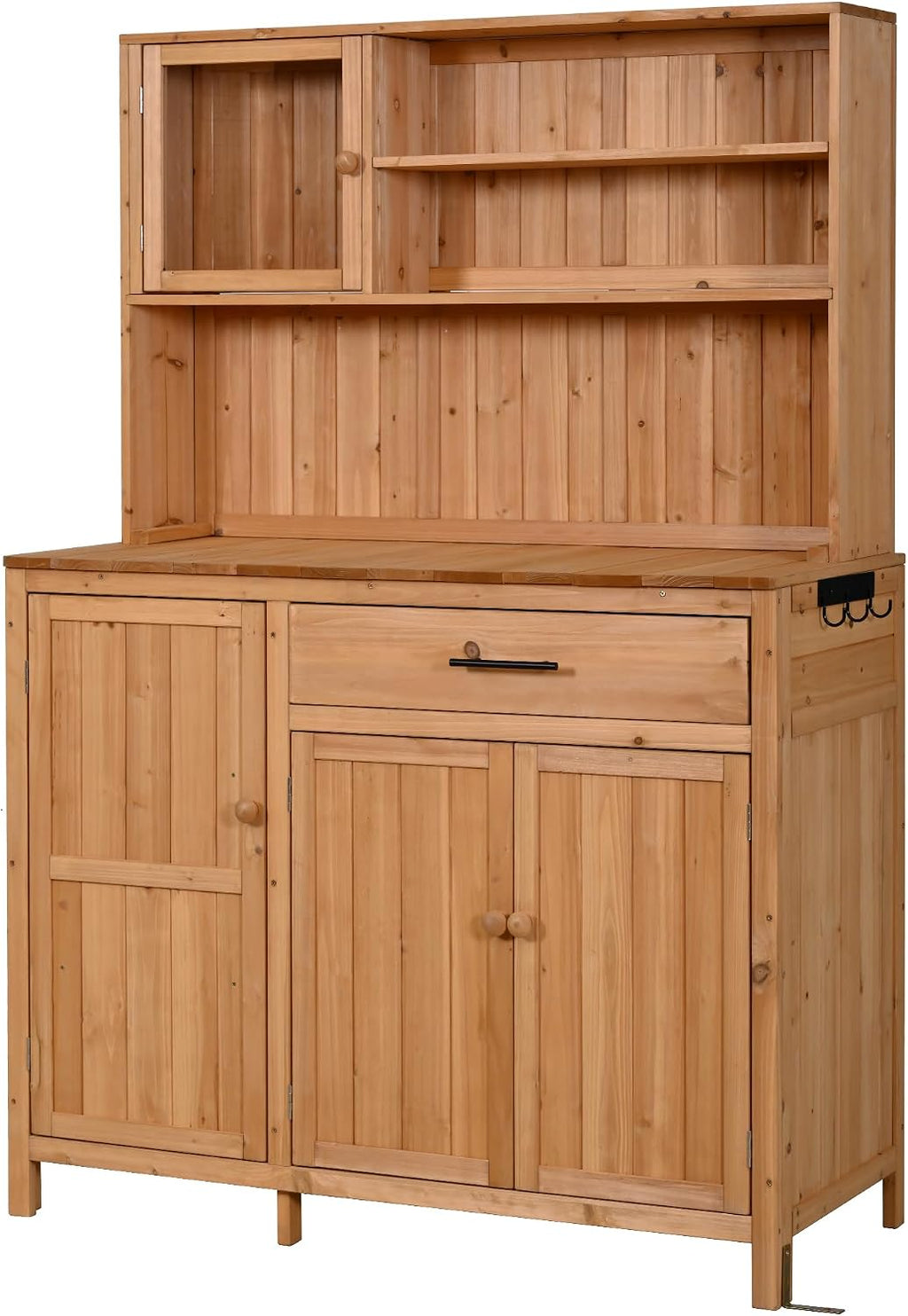 Potting Bench with Hutch, 65' H Solid Fir Wood Garden Workstation, Large Countertop, Patio Kitchen Island with Adjustable Shelves, Spice Rack, Side Hook and Drawer (Natural-P1)